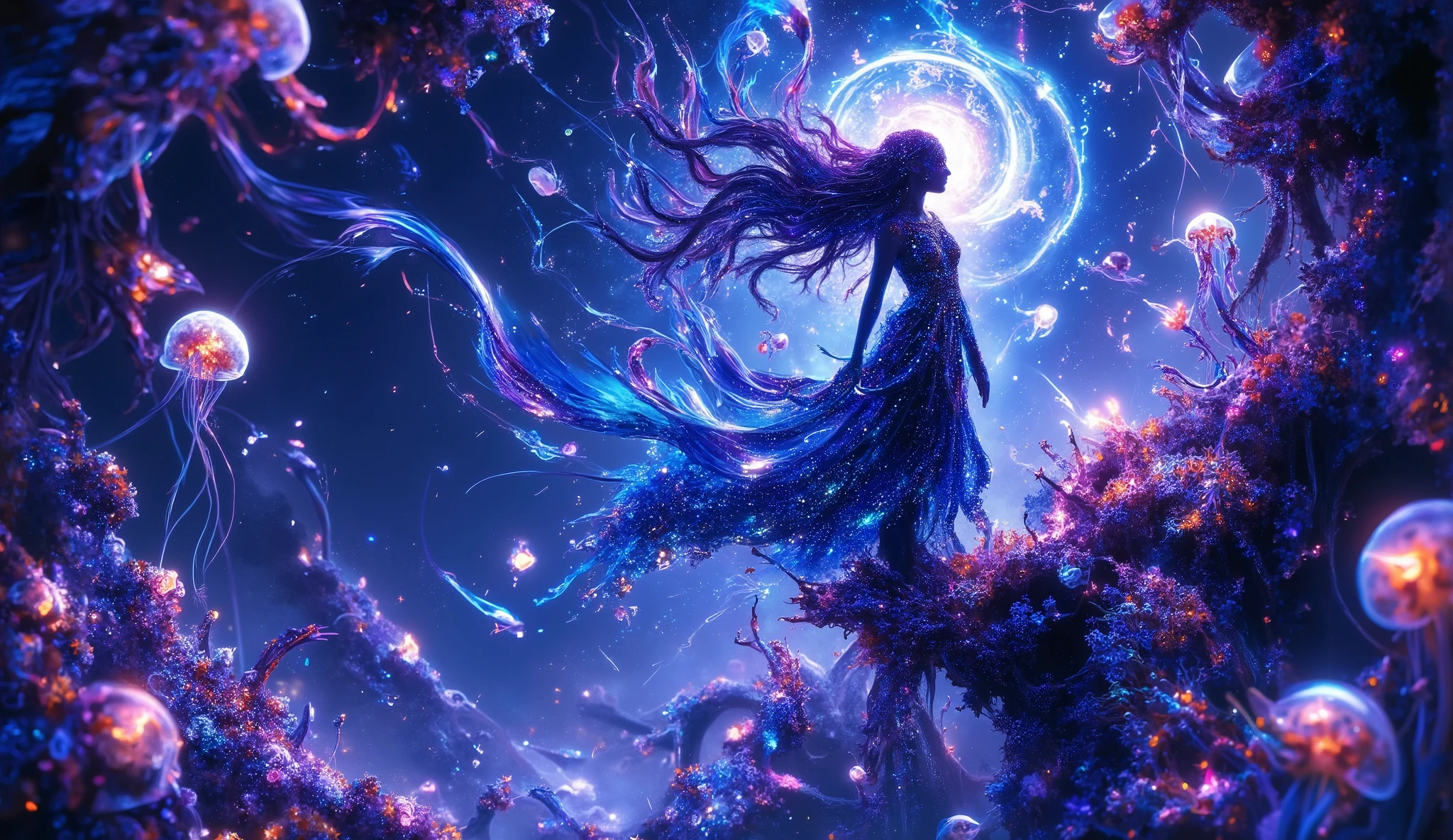 original,(Highest quality),(masterpiece:1.1),(Highly detailed CG unity 8k ),(Extremely colorful:1.2),deep sea,Ancient times,A Mermaid in the Form of a Beautiful Girl,Swim gracefully,未来のdeep sea都市,Japan Trench,Atlantis Continent,Reflection of the universe,Vast space,fusion of the future and the past,Time Transcended,Distortion of Space,Wide-angle lens,horizontal line
