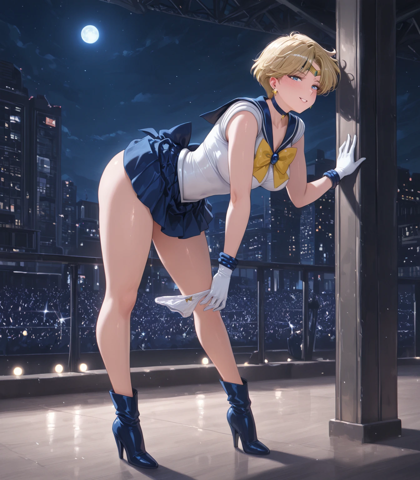 realista, Elizabeth Taylor, vista frontal, [erotismo: 1.8], Corpo todo, 18 anos, very short and flowing blonde hair, magra, ass, cosplay sailor moon, feet with boots, dancing rock in a 70s nightclub, (seios muito pequenos: 1.6), 