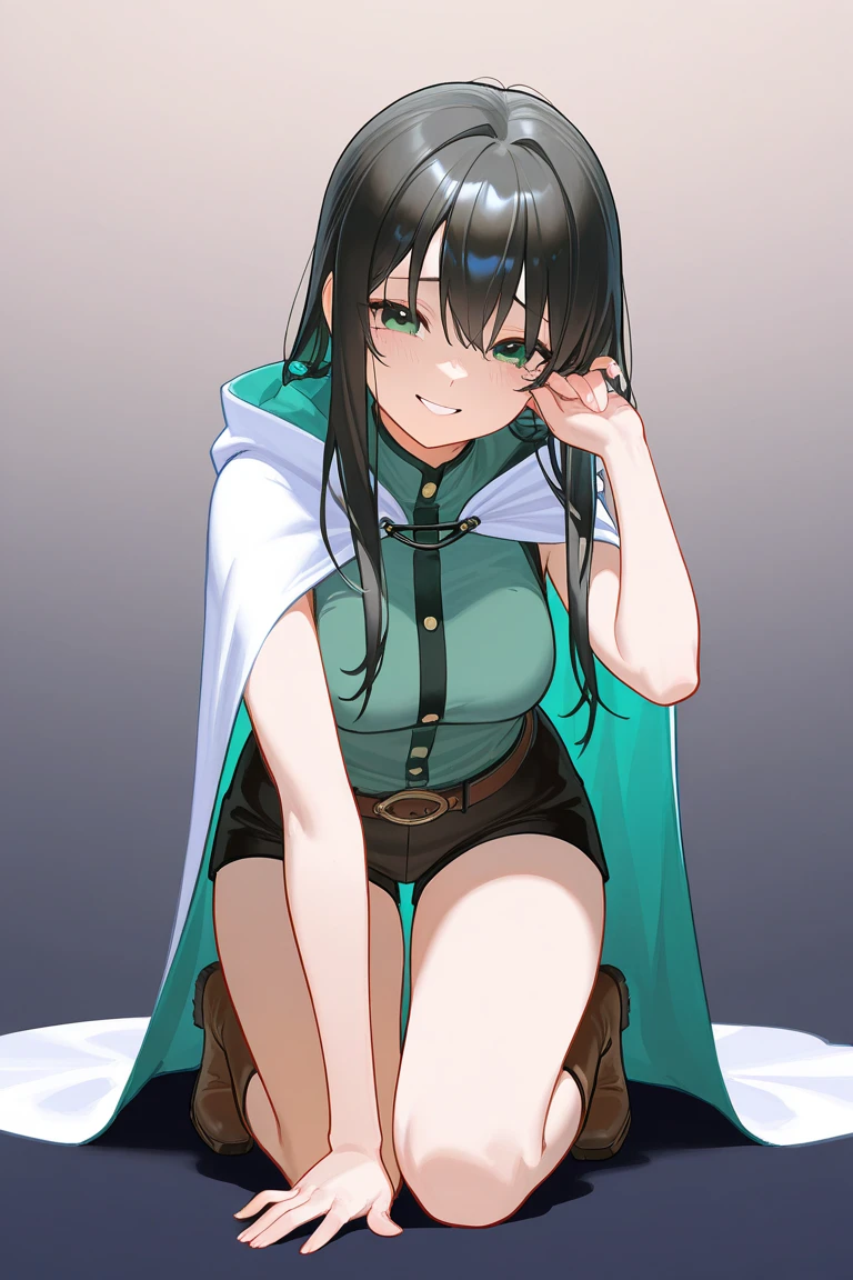 masterpiece, 8k, fantasy world, 1girl, outdoor, bob hair, half up hair style, dark green hair, close-up face, enchanting eyes, perfect face, clear darkened brown eyes, looking at viewer, (embarrassed), smile, grin, fantasy clothes, white long cloak with hoodie, holding a glasses, thin chests, small breasts, bare feet, (sitting:1.5), Dynamism, unrealistic beauty,