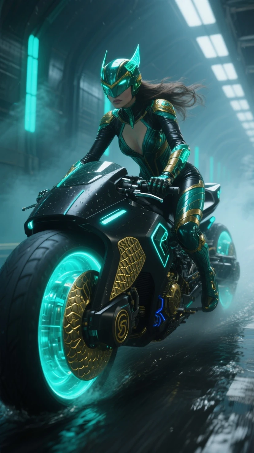 ((masterpiece)), ((Best quality)), ((best skin texture)), 8K quality, high quality photo, very detail texture, 4k resolution, Full body young lady, long black hair, gorgeous face, epic mecha cybernetic hands and legs, robotic hands and legs, human female breast and perfect abs, curvy waist, massive cleavage exposed, riding futuristic hyperbike, robotic motorcycle, blue neon design bike