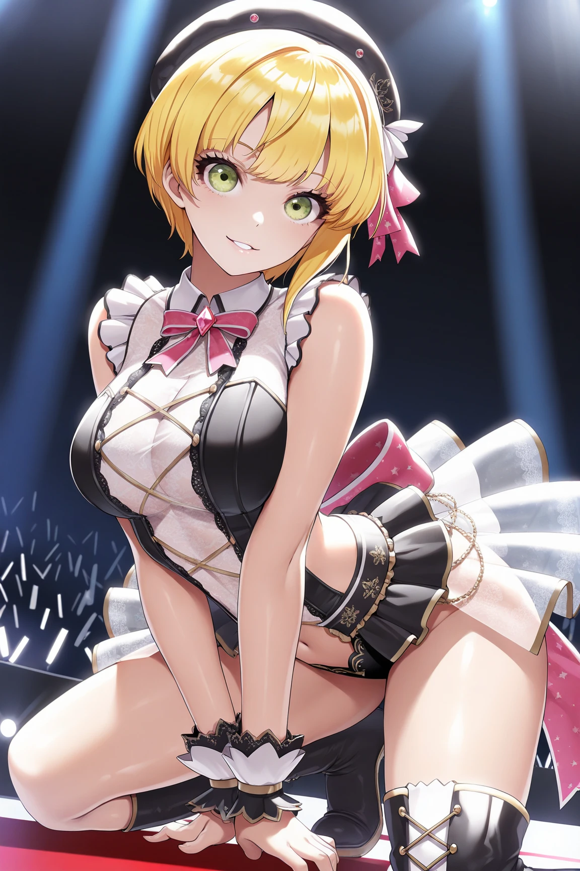 nsfw,(((masterpiece))), (((best quality))),((masterpiece:1.5)), (best high quality), (ultra high res), (ultra highly detailed), (8k:1.3),anime colored,perfect hands, perfect fingers, perfect legs,1woman,solo,idolmaster, (tsubasa ibuki) ,(15years old, beautiful girl), (beautiful eyes),(((beautiful hair))), (((short hair))), (wet hair), (wet skin), ((Sweat)),(vapor), (flat chest,large breast), ((large areolae)),(expensive), slip,no makeup, sweaty body),(no bra),(no panty), ((spread legs)),(((open pussy:1.5))),((pubic blond hair:1.5)),((steam)),(scatter sweat),(embarrassed,smile), open mouths,(((one eye closed))),((tongue out)),deep breathing, feel good,indecency,(squatting),(((female masturbation:1.9))),(Nice touch),((Bukkake, cum on body:1.9),(Bukkake, cum on face:1.3),(Bukkake, cum in hair:1.3),(Bukkake, cum in mouths:1.3),(idol yellow dress:1.5),(open clothes),(wet clothes),(see-through), (((multiple boys, peeing on a girl, multiple penises, gangbang,holding penis))),((fellatio:1.5)),ecstasy torogao, saliva trail,((happy)),(on stage:1.2),(spotlight),,BREAK,(1boy, hetero:1.3), ((vaginal sex,cowgirl,pov)),(cum shot:1.3),light particles, blurry background,motion lines,