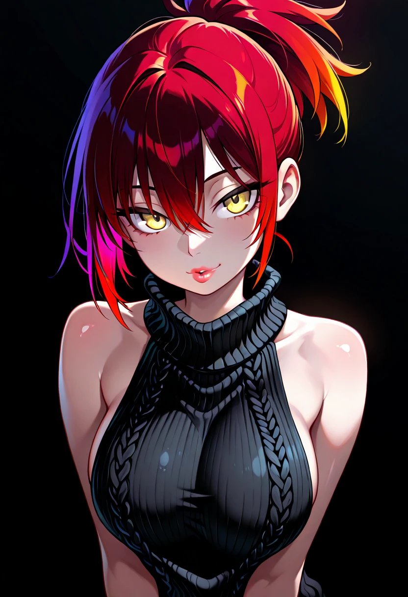 score_9, score_8_up, score_7_up,
Anime style, cartoonish, block shading, (bold outlines:1.3), cel shading, exaggerated features, clean lines, glossy highlights, (stylized:1.3), muted colors
apartment background,
2girls, upper body, cute, sexy,
beautiful detailed eyes, red pixie cut, black ponytail, highlighs, messy hair, slight smirk, punk, tattoos,
demin shorts, black tanktop, pendant,
lifting shirt, small breasts, huge breasts, topless, (blush:0.8), (embarrassed:0.8),
looking at viewer, leaning back