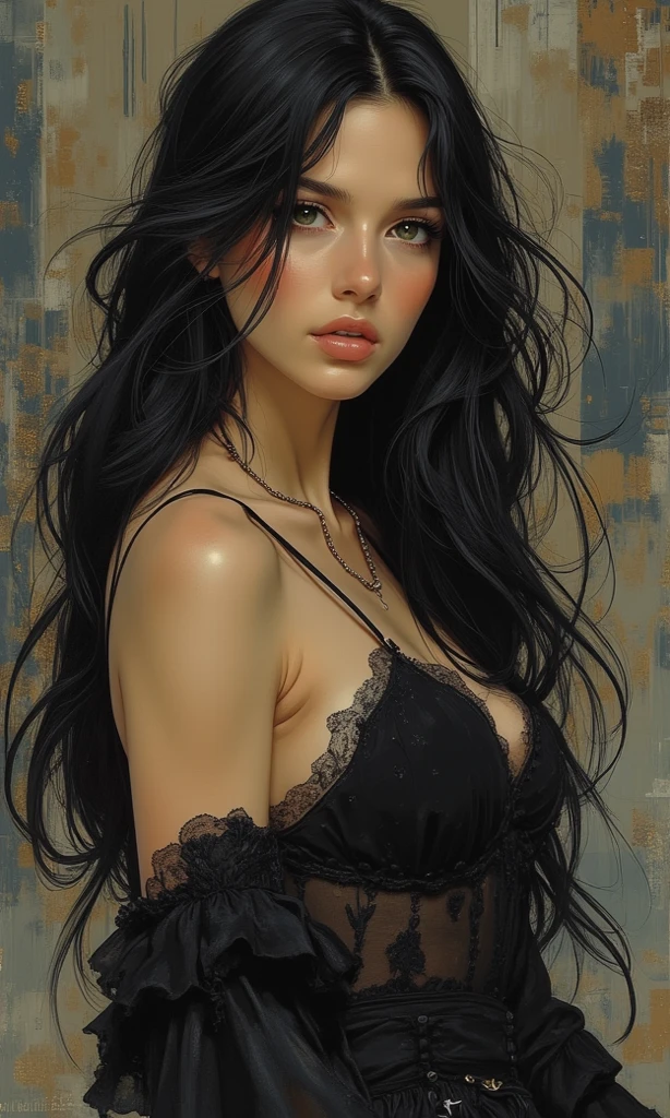 skimpy lingerie, long black hair, windy, looking left of viewer, line art