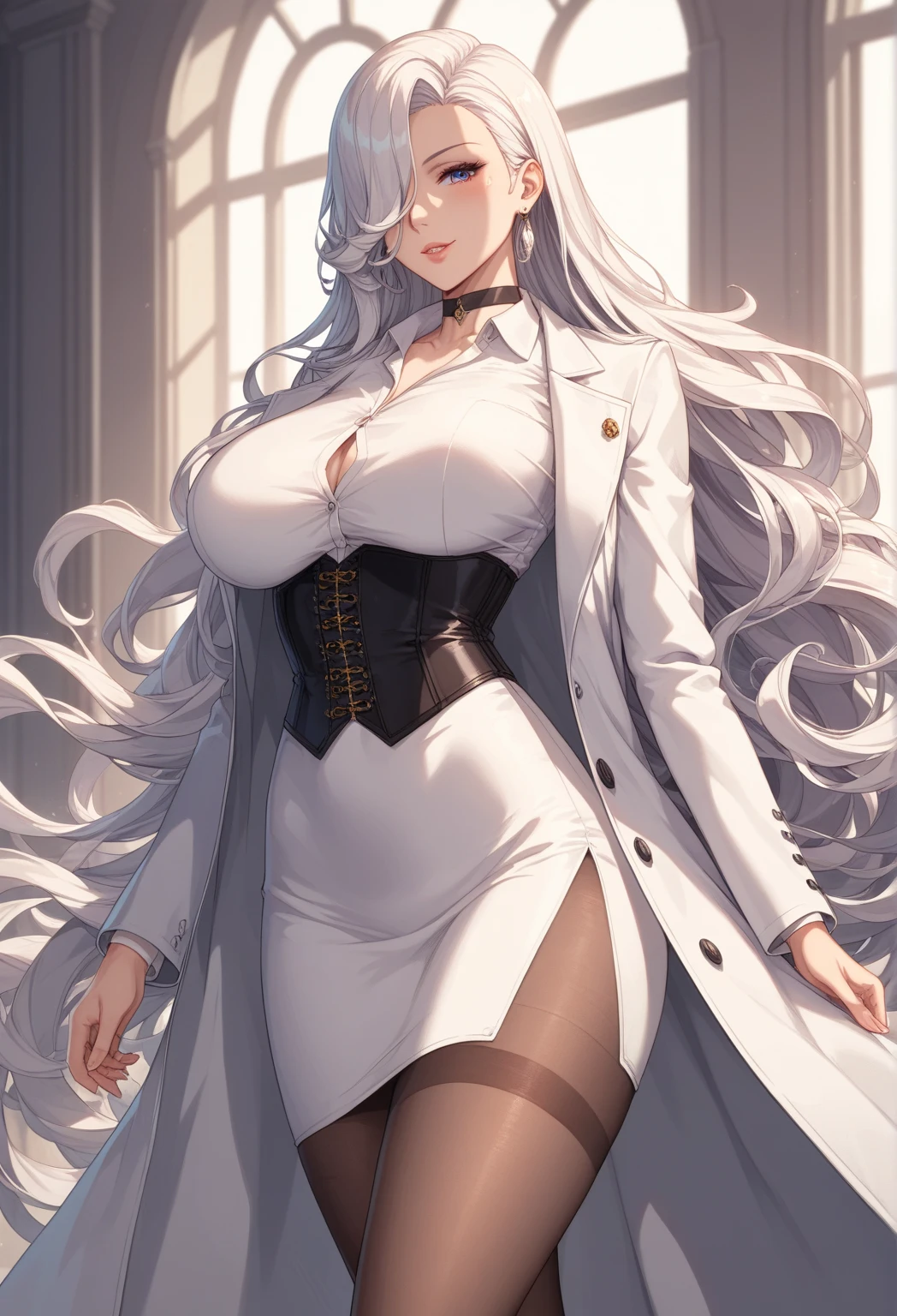 (best quality,4K,8K,highres,masterpiece:1.2),ultra-detailed,red lips,lipsticks,business woman's coat,black suit,deep red eyes,milf,long hair,silver hair,serious expression,handsome and confident,subtle smile,full body,big breasts,perfect breasts,White Princess Shirt, NSFW\