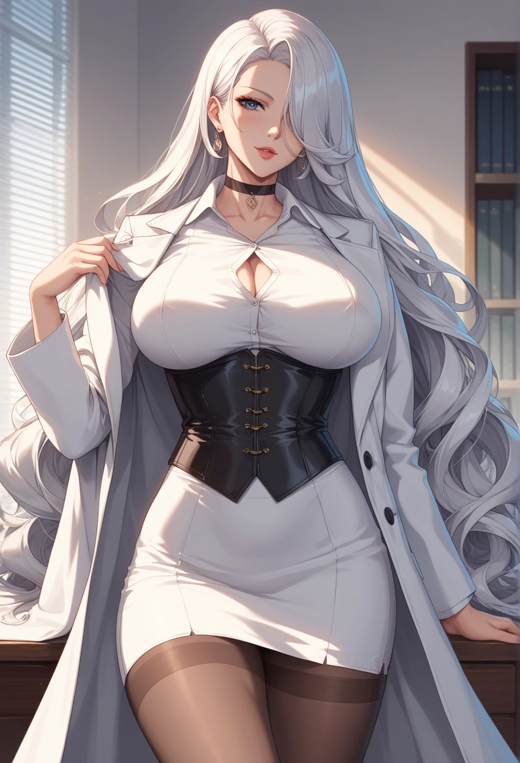 (best quality,4K,8K,highres,masterpiece:1.2),ultra-detailed,red lips,lipsticks,business woman's coat,black suit,deep red eyes,milf,long hair,silver hair,serious expression,handsome and confident,subtle smile,full body,big breasts,perfect breasts,White Princess Shirt, NSFW\