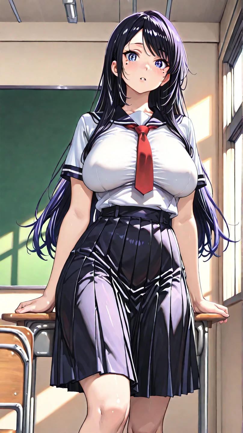 talian girl, with very long black hair, 25 years old, hyper super gigantic breasts, thin, has wet breasts, wears a torn tight blouse that does not contain the breasts and a pleated black miniskirt, , inside a school classroom