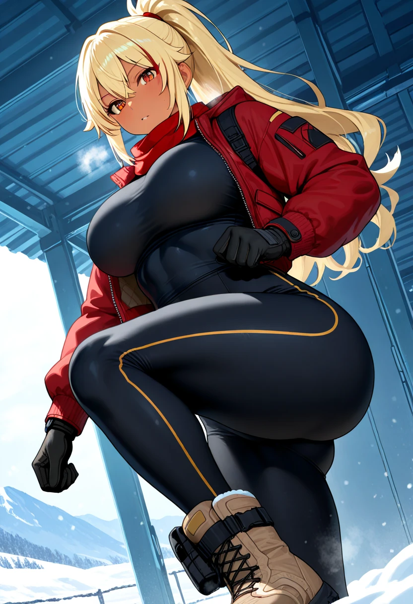 (best quality, highres, ultra-detailed), curvy body, seductive smile, blonde hair, snowy scenery, yoga pants, tight pants, sports bra, giant breasts, sagging breasts, huge ass, round ass, wide hips, bending over, big lips, soaking wet, red pants, green bra