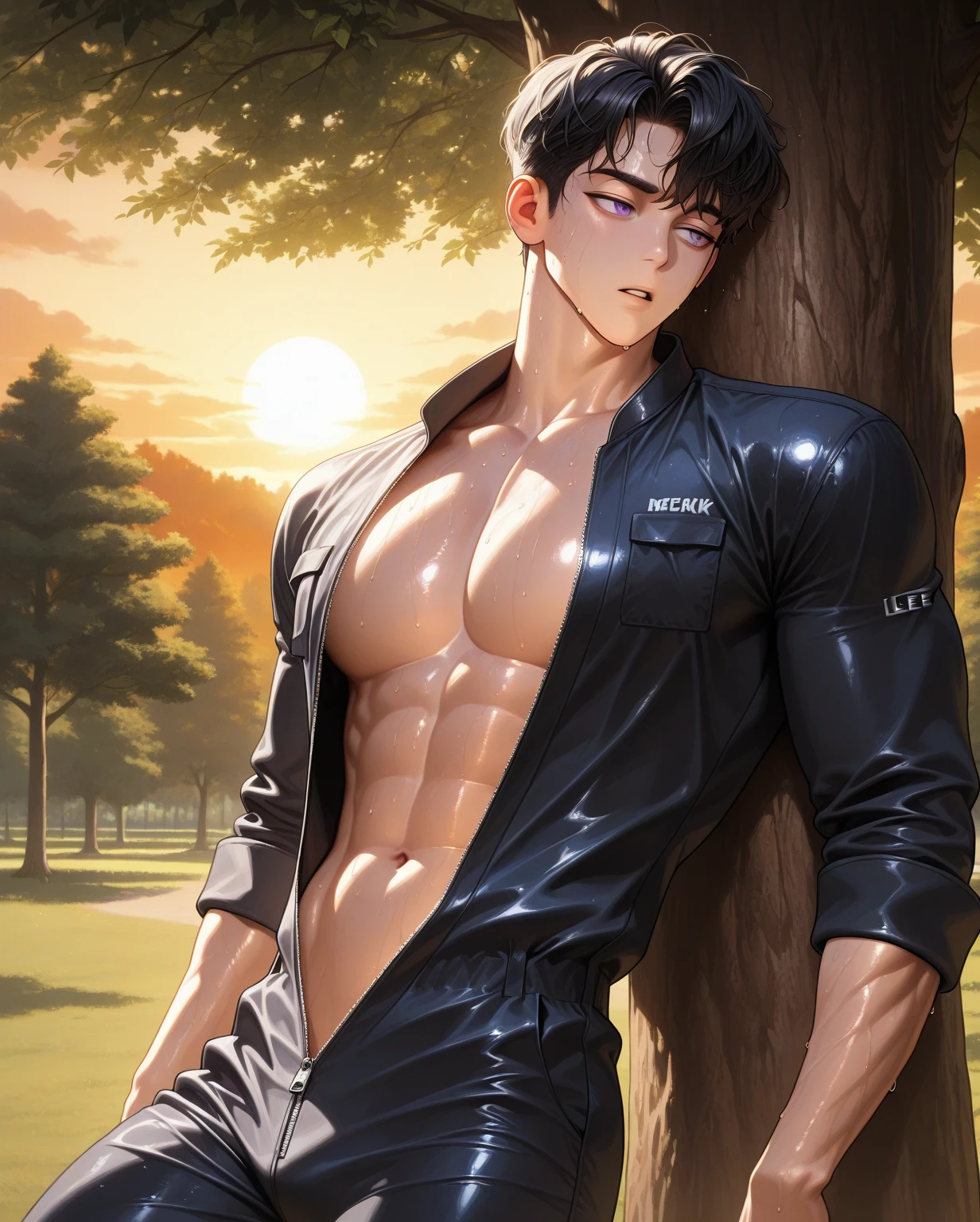 A man sitting on a bench，Took off the shirt, Cool anime poses, muscular!!, muscular male hero, High resolution commissions, muscular thighs, Male Art, muscular!, Anime handsome man, muscular male, muscular的姿势, gigachad muscular, muscular!!!, Strong posture, muscular character, in the park, muscular body, sexy muscular body, a muscular