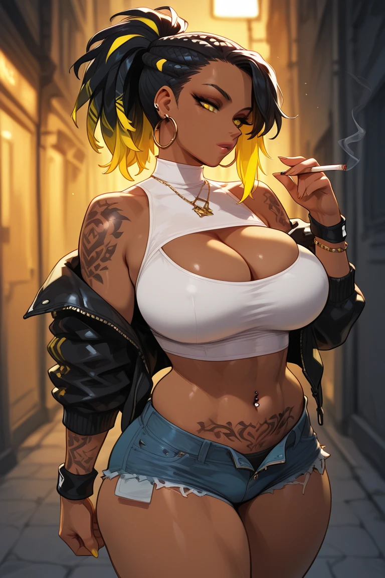 (solo:1.1),(masterpiece), (best quality:1.3),, highly detailed, intricate, professional art, digital art, absurdres, confidant, emerald sustrai, futanari emerald sustrai wearing a Spiked-choker fishnet-crop-top with arm gloves and pants posing confidently in a club,(Black see through top:1.4), (pants:1.6), 1girl, solo, (dark skin:1.5), green hair, bob hair, gold hoop earrings, gold jewellery, ab lines,(gold navel piercing:1.1), detailed stomach, red eye colour, dark skin, average breasts, (aroused:1.2), (futanari:1.1), (wide hips:1.4), (makeup 1:1), beestung lips, (black lipstick:1.3), large penis, panty straps riding hips, (large crotch bulge:1.4), crotch bulge, large testicles , furniture, frontal view, universal lighting