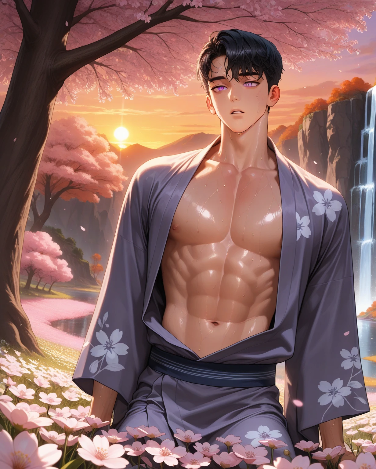 Asian man z wears a white kimono tied at the waist, He is showing his naked torso, black fur, Red eyes, wide, thin man, medieval forest background, the trees are frozen.