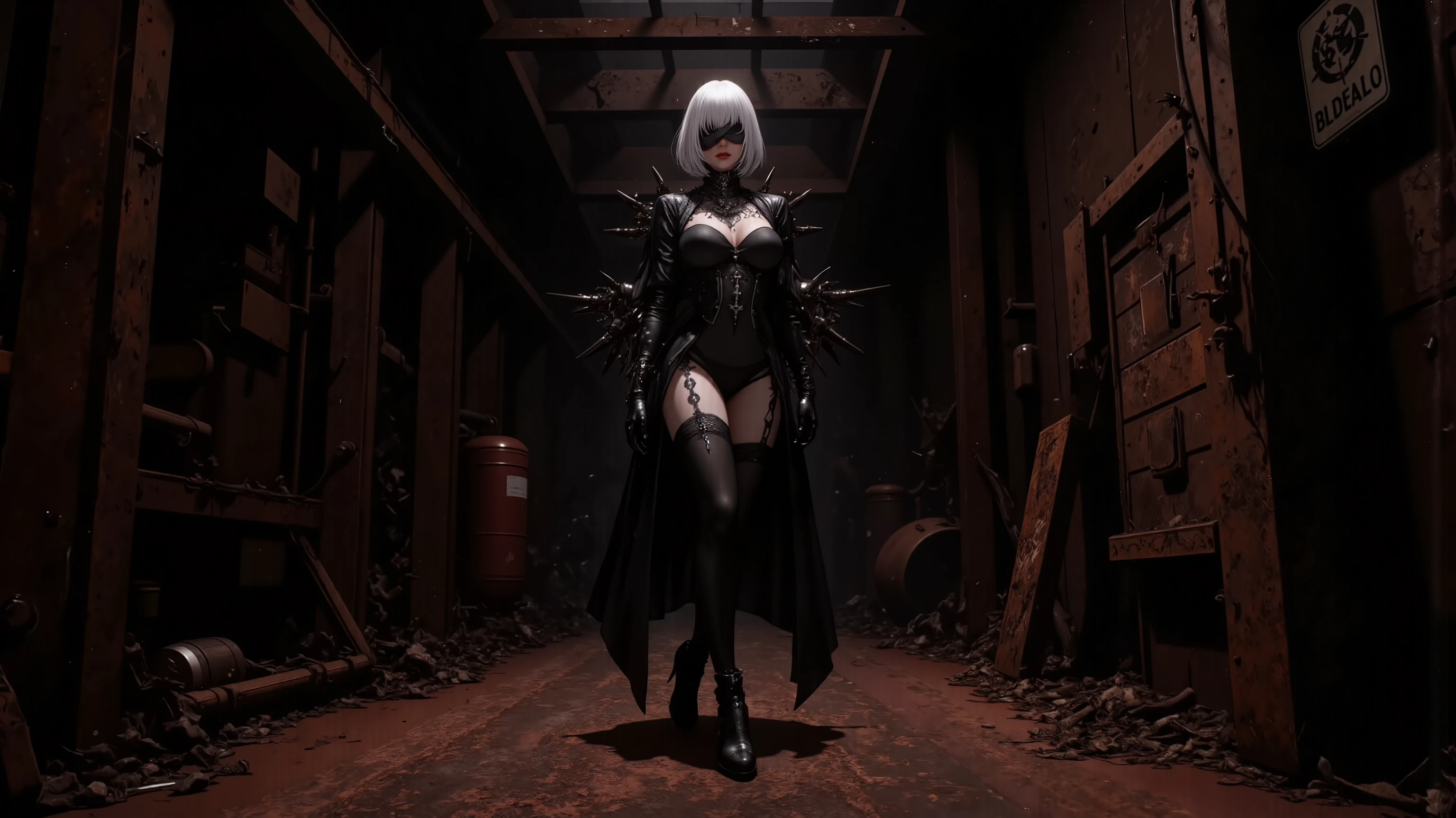 a sexy female dark gray metal robot with one line eye wearing suit, beautiful and aesthetic, medium breast, clear background, full body, ((Hajime Sorayama)),((no face)), ((dark gray helmet)), ((Transparent raincoat)),((Black cape)),futuristic, cyberpunk, Black Silk,black gold