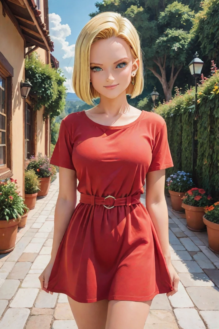 1 woman, adult woman, woman in her 30s, tarankaaa, NOT DASHA TARAN, full body standing, full body head to feet, perfect body, best quality, 32k, photograph, full body (head to toe), tone mapping, ((houjou satoko, short hair, blonde hair, violet eyes, hair between eyes)), ((wearing a red dress, one piece dress ,black hairband, she is wearing very detailed fashion dress,short sleeves)), ((mid sized breasts,athletic, skinny, accentuated hips and waist)), asian-european, (mouth wide open: laughing hard joyful expression, amazingly beautiful grin, her teeth are visible and perfect, perfect laughter, squinty eyed smile, brackets in her teeth) ((golden blonde hair, short hair, purple eyes)) perfectly drawn hands, ((masterpiece)), ((highres)), ((detailed background)), japanese village background, next to a river, (big proportions), cute pose, beautiful smile, ((perfect eyes, detailed eyes, realistic eyes)), ((sharp face, detailed face, realistic face, natural skin, realistic skin, detailed skin, pores)), (real wider legs, truly wider arms), (red dress:1.2)