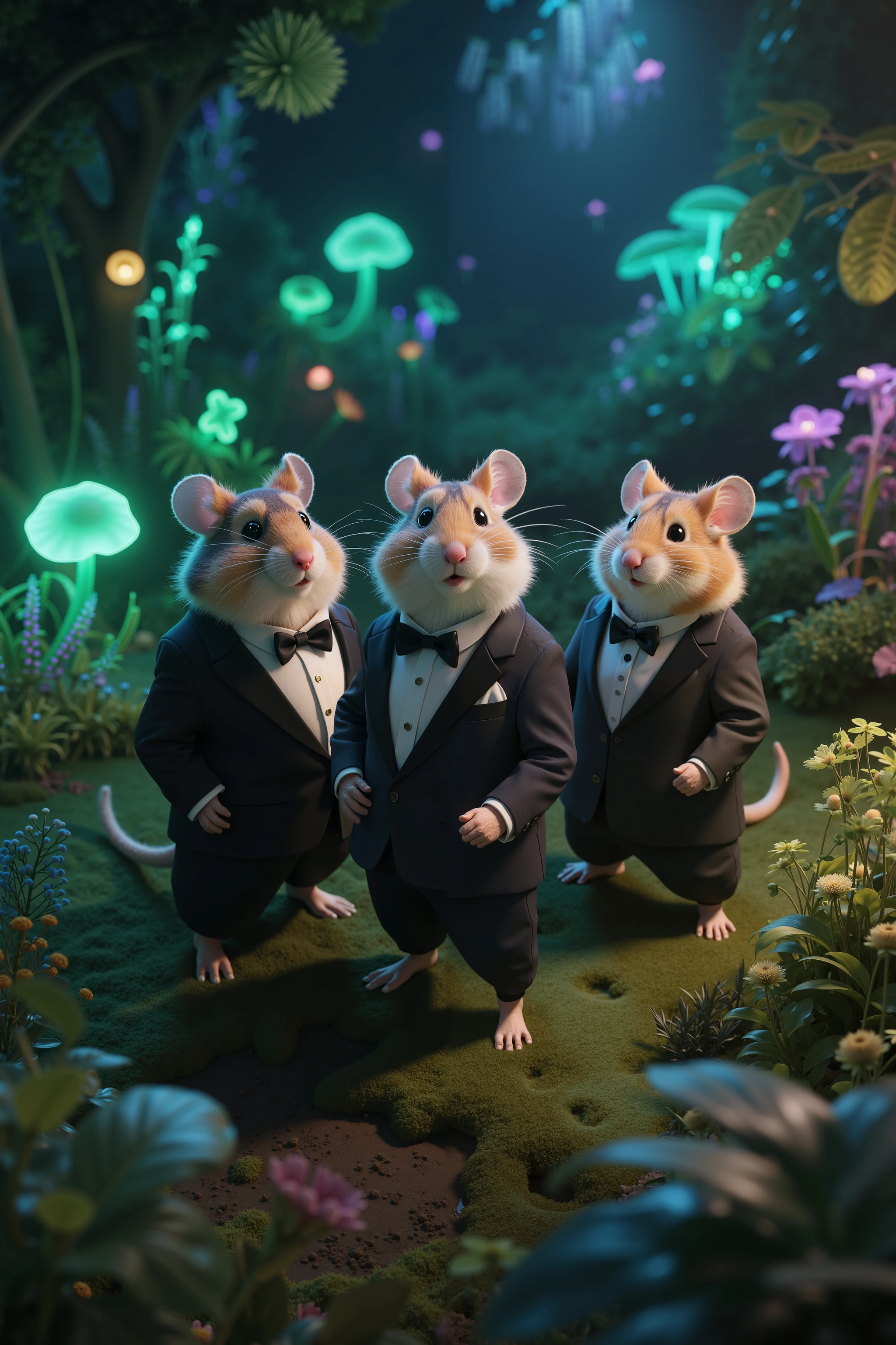 ((RAW Photo), absurd, (absurdresolution)), masterpiece, best quality, (Extremely detailed 8k unity CG wallpaper), (best shadow), Realistic lighting, beautiful detailed glow, Very high-angle view, three anthropomorphic hamsters in elegant suits posing for an upcoming film in a bioluminescent garden.