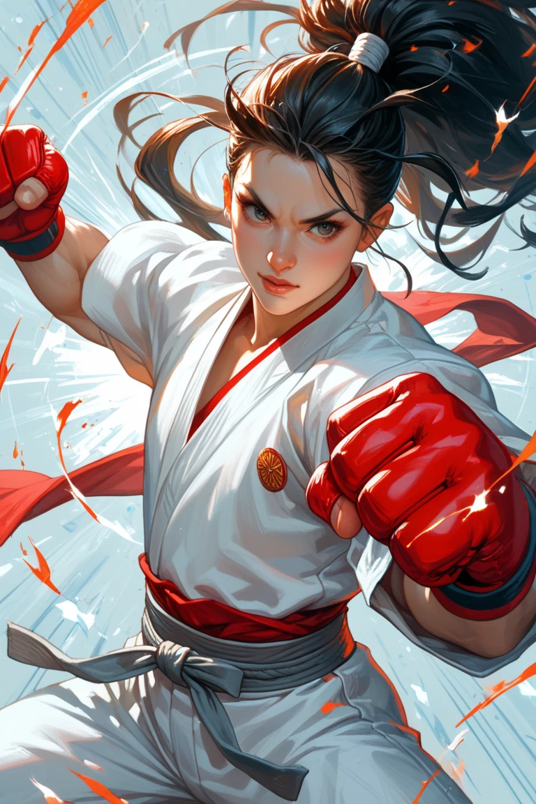 8K, Indonesian girl,cute innocent face,15 years old girl,ponyTail,dark brown hair,sexy red silat suit,small breast,high quality silat、Dynamic Actions、fighting pose、dynamic background for sports poster, teenage face,Look at viewers,
