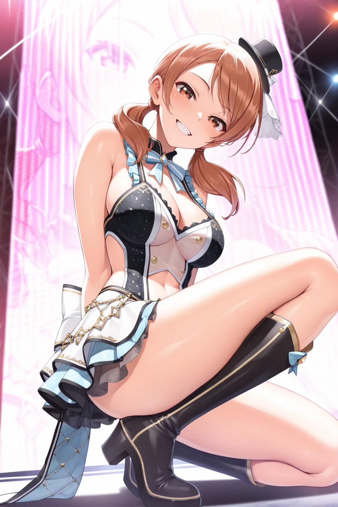 masterpiece, best quality, highres, ts3, side ponytail, white dress, blue gloves, bare shoulders, breasts, cowboy shot, (dress lift:1.3), thong, embarrassed, blush,looking at viewer,1dildo,underwear,dildo under panties,dildo under clothes,dildo in pussy,in church,erect nipples,