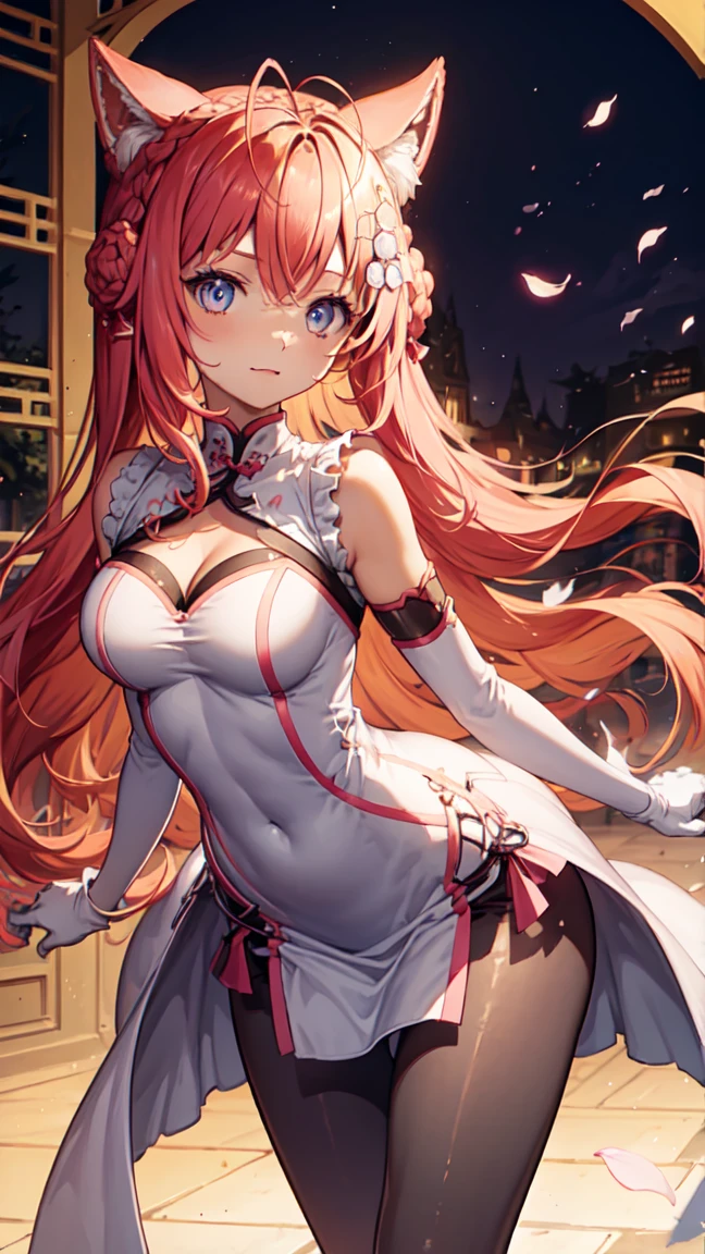 A high resolution,best qualtiy,1girl solo,Kamisato_Ayaka,ssmile,比基尼,tiara crown,curvy build,Single horsetail,Pink hair,(cleavage、cropped shoulders、red dress、Ruffled dresses、long skirt,Puffy skirt,Fluffy sleeves,Juliet sleeves,longer sleeves:1.2)