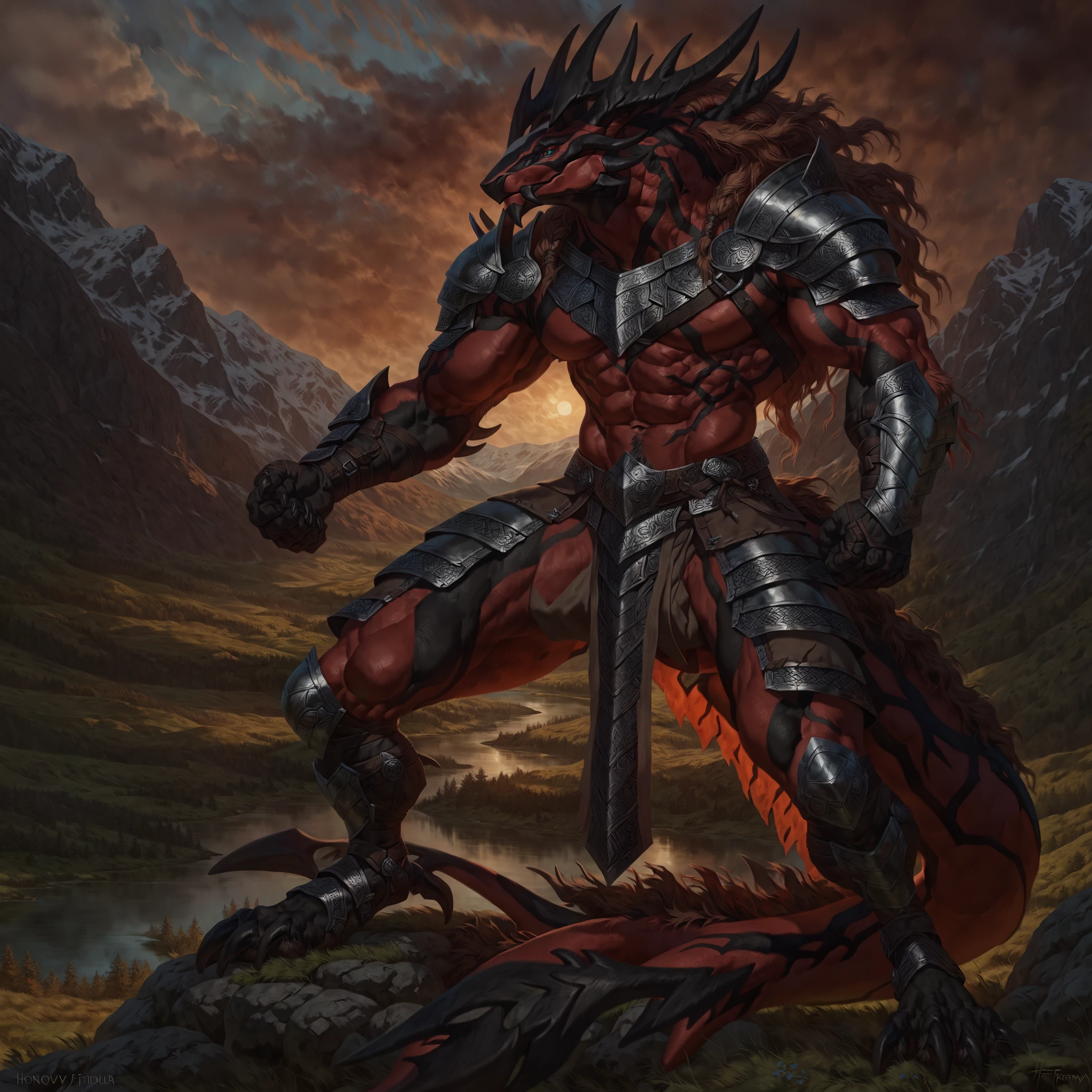 a ferocious male dragonborn, muscular detailed body, black color body, red eyes, horns, metallic scales, four eyes, masculine pose, tall topless, pants, loincloth, mechanical bodysuit on arms, comicbook style, best quality, 4k, ultra-detailed, realistic, by laobai, by taran fiddler, by honovy