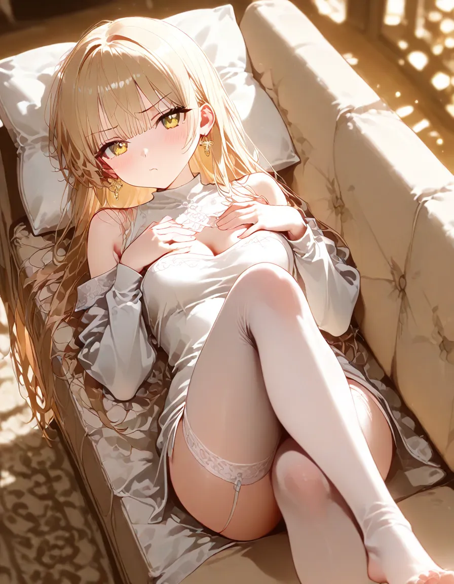 top quality,8K,one girl,Yoimiya,despise,half-closed eyes,blush,open mouth,shoulder,Thin face,face focus,face to the viewer,lying down,Lie flat on the bed,Aerial Photography,Full body like,(long and beautiful leg:1.5),Clear face,Exquisite facial features,sexy,sailor suit ,Super short skirt,white half pantyhose,mini skirt, navel exposed sailor suit, See-through sailor suit
