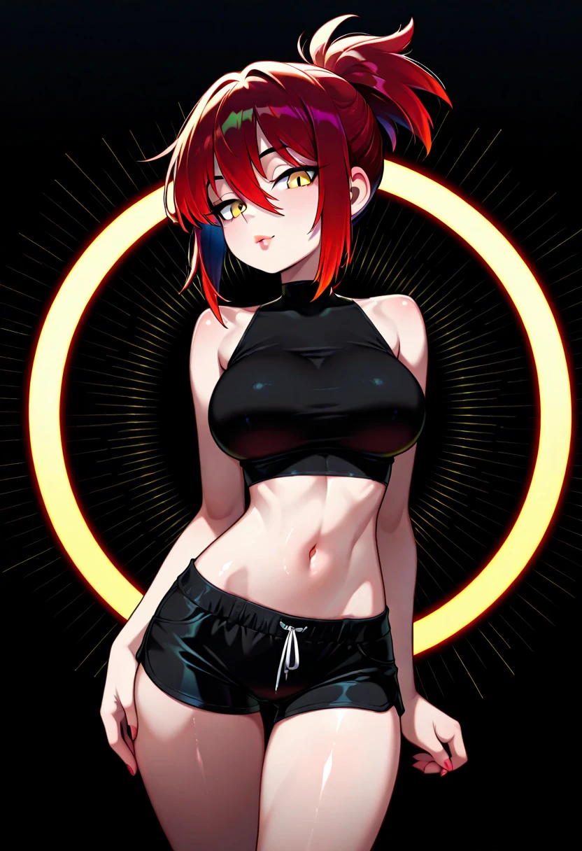 core_9、score_8_up、score_7_up、score_6_up、score_5_up、score_4_up、BREAK、source_cartoon、source_anime、hypnotized misty \(Pokémon\)、orange hair、Wearing a yellow crop top and shorts、T-back、No expression、Mind control、@ @、Blank eyes、empty gaze、drooling in the mouth、Lockでつながれた首輪、Lock、medium breasts、simple background