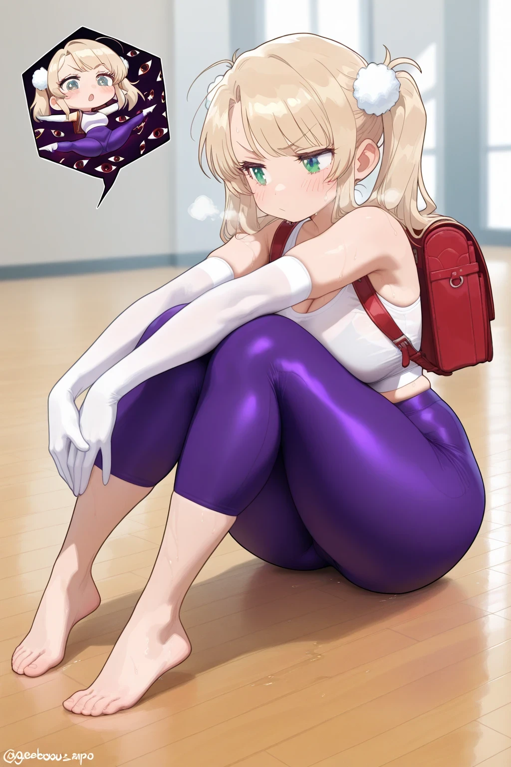 a full body girl, Ui Shigure (Chibi version ), Alone, pigtails, cerquillo, underwear, Gloves, elbow Gloves blancos, red Japanese school backpack, green eyes, perfect eyes, blond hair, source_anime, ((masterpiece)), a full body girl, charming beauty , blush, pretty girl Tsundere, voluptuous body, ( she is very small), perfect attractive curvy cuerpo, gorgeous body shapes, voluptuous hips, very wide hips, thick and wide thighs , sleeveless t-shirt, gymnast, training, yoga, fitness, Leggings, barefoot, blurred background, 4K resolution photo , best quality, amazing quality, very aesthetic, absurdres, HDR-10, ultra high definition, ISO 3200k , neckline, panties hands on knees, out of breath , sweaty, gap-mouthed orgy