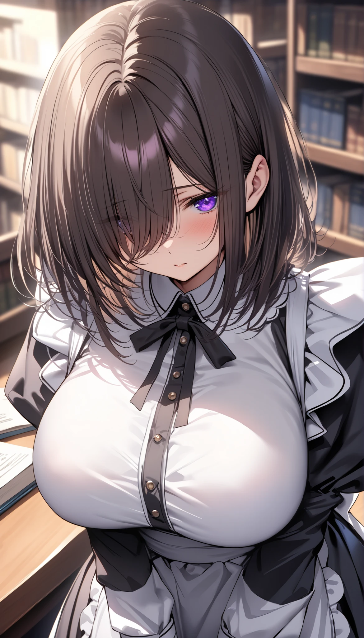 (masterpiece, Highest quality:1.2), (1girl), alone, ((medium hair)), ((dark brown hair)), ((straight hair)) ,((hair over face)), (hair over one eye), (hair over right eye), bloom, (black maid dress),long sleeves, white apron ,detailed eyes,(purple eyes), (huge breast), ((purple eyes)), library
