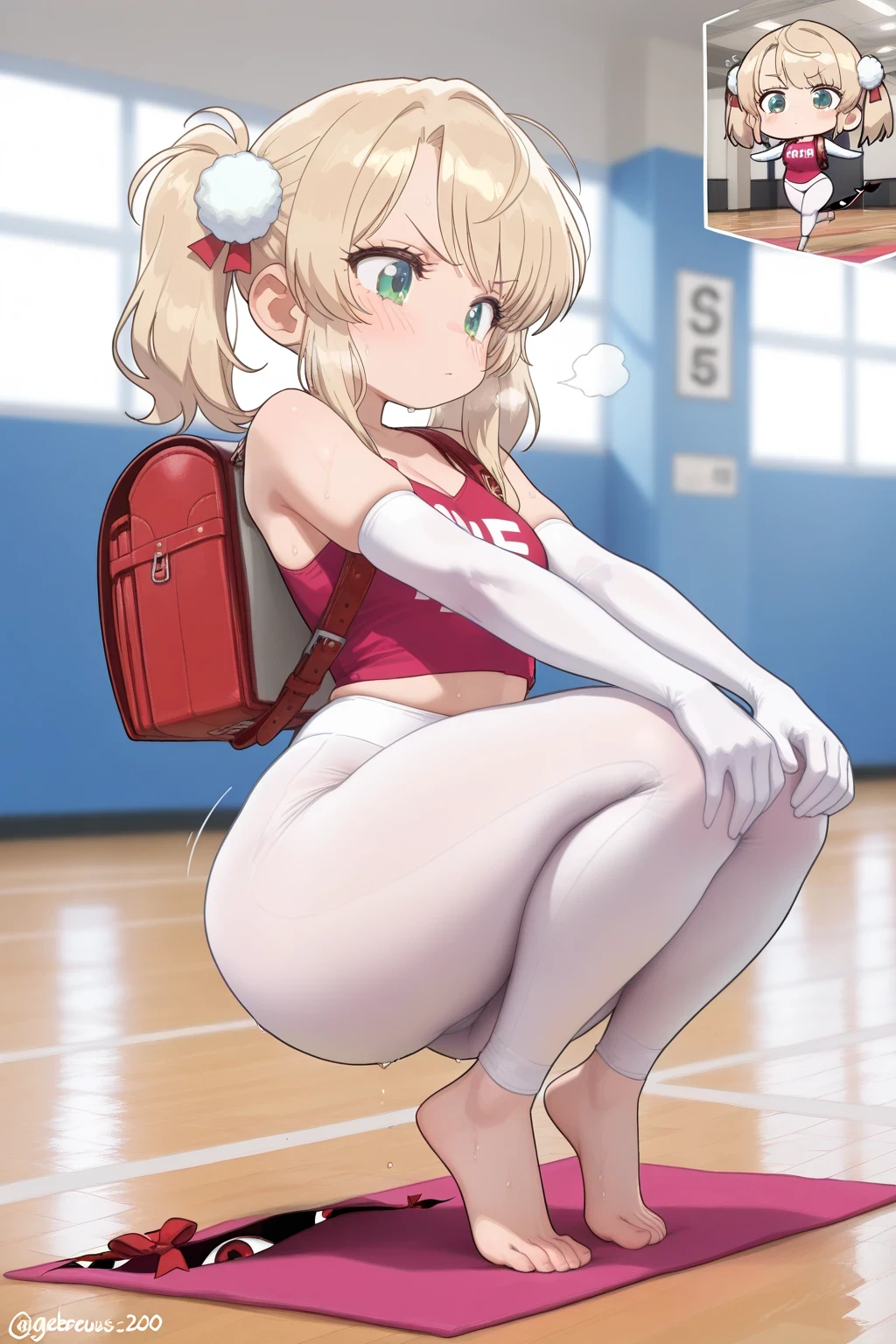 create a picture of a half rabbit character, put rabbit ears on top of her head, make her wearing black shorts and a black athletic tank top, put fur on her arms from her elbows down, lola bunny, make her legs look fluffy and furry, make it in an anime style, lockerroom, female, large breasts, anthro, standing, cameltoe, cowboy shot,