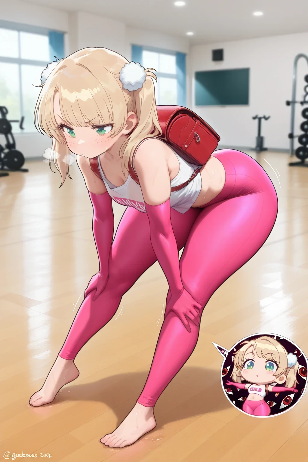 a full body girl, Ui Shigure (Chibi version ), Alone, pigtails, cerquillo, underwear, Gloves, elbow Gloves blancos, red Japanese school backpack, green eyes, blond hair, source_anime, ((masterpiece)), charming beauty , blush, pretty girl Tsundere, voluptuous body, ( she is very small, small girl ), perfect attractive curvy cuerpo, gorgeous body shapes, voluptuous hips, very wide hips, thick and wide thighs , sleeveless t-shirt, gymnast, training, yoga, fitness, Leggings, barefoot, blurred background, 4K resolution photo , best quality, amazing quality, very aesthetic, absurdres, HDR-10, ultra high definition, ISO 3200k , neckline, panties hands on knees, out of breath , sweaty, gap-mouthed orgy