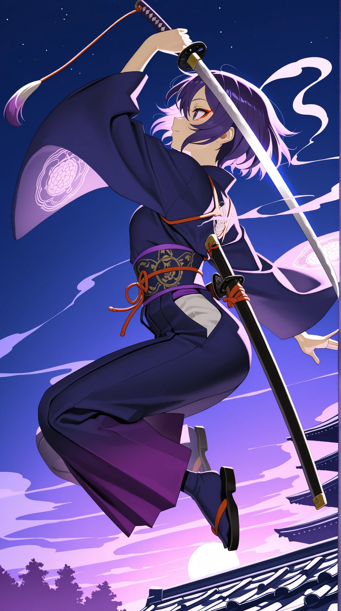 masterpiece, best quality, amazing quality, anime style, dynamic angle, side profile, jumping mid-air over traditional Japanese tiled rooftops, moonlit night sky, silver pipe (kiseru) in hand with flowing smoke plume, deep indigo ninja kimono with billowing sleeves, hakama trousers, wide obi belt embossed with paulownia crest, sugegasa hat tilted back, katana at waist, soft glowing moonlight edges, subtle kabuki eyeliner, slender yet strong silhouette, ethereal static-dynamic contrast