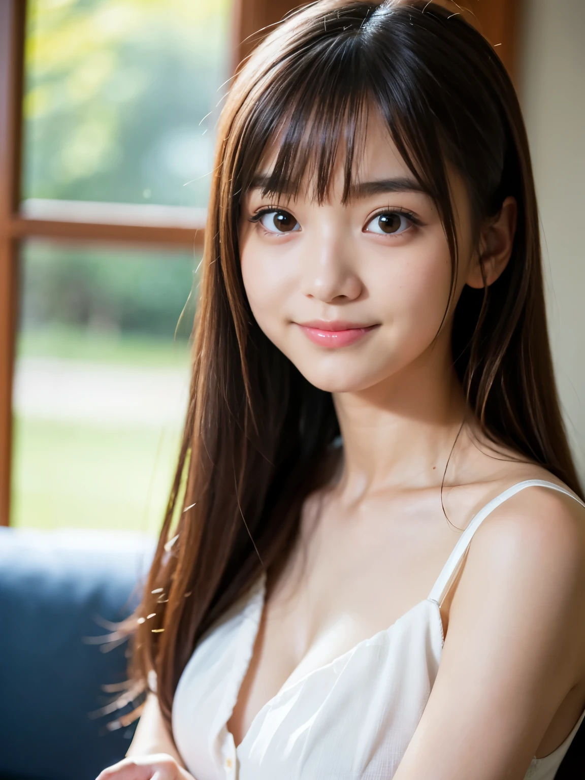 highest quality, shape, Very detailed, finely, High resolution, 8k wallpaper, 完璧なダイナミックな構shape, Beautiful Skin, (Big eyes), Beautiful 20 year old girl, Natural color lip, (Sexy pose), Center of chest, smile, Very detailedな顔と肌の質感, Fine grain, double eyelid,Laughing with loose teeth, close, From behind, Long blonde hair, (Blue blouse:1.2), sunset