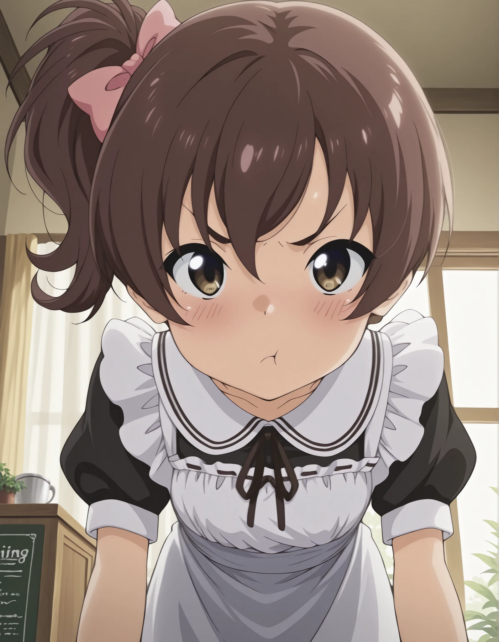 "ultra-detailed, best quality, beautiful eyes, extremely detailed, best quality, beautiful, Master piece, highres, best quality, official art, highres, masterpiece, newest",, "solo, 1girl, nanashiraishi, brown hair, brown eyes, pout, blush, side ponytail, hair bow, angry",,"maid outfit, BREAK maid cafe, indoors, looking at viewer, working",, "masterpiece, best quality, amazing quality, very aesthetic, absurdres, detailed background, detailed foreground, detailed eyes, detailed clothing, detailed hair, detailed shading",