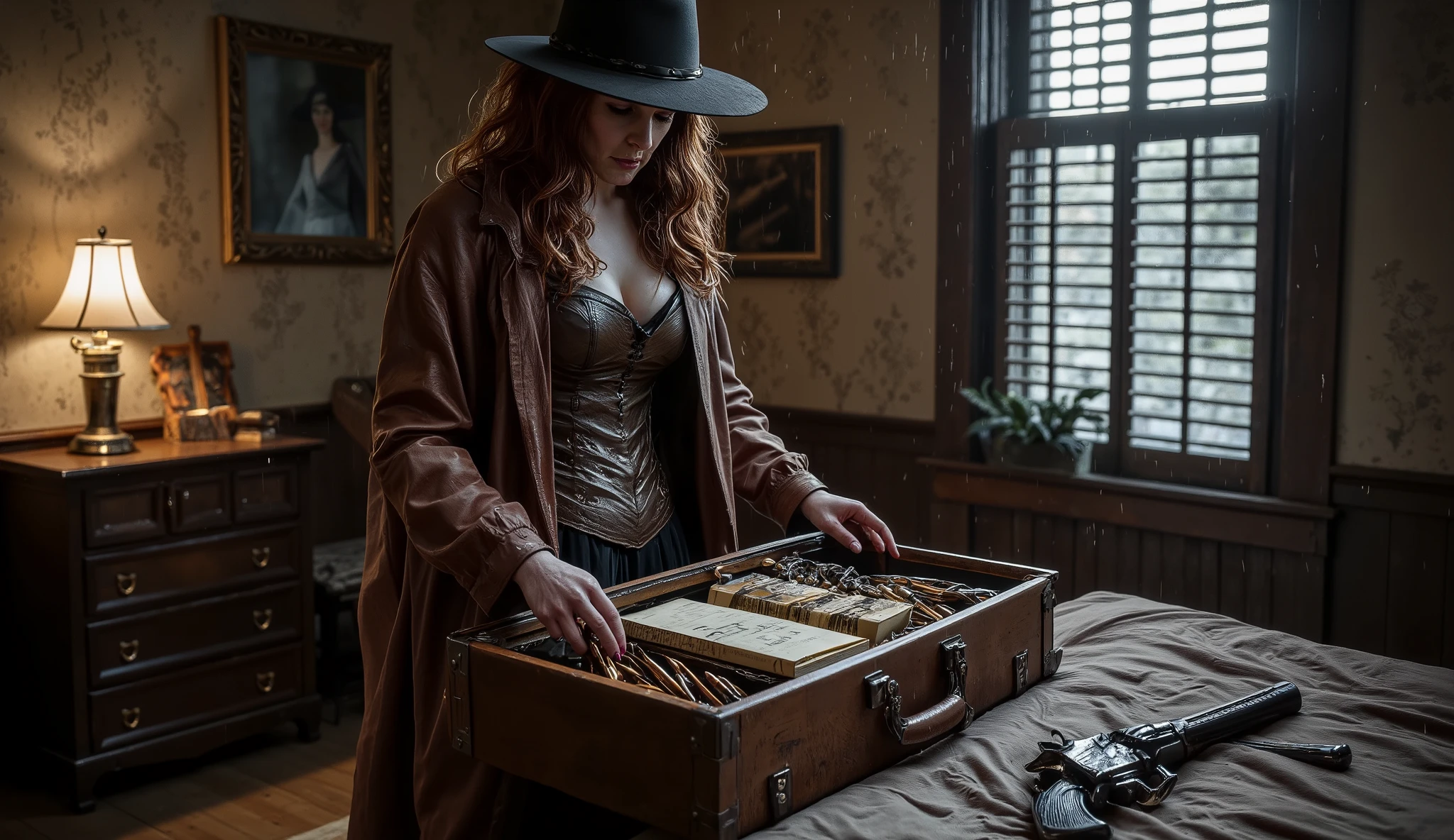 A hyper-realistic, cinematic medium shot of a Western gunslinger named Sadie Blake, preparing her belongings for a journey inside a dimly lit, rustic room. The wooden walls are worn and cracked, lined with fading wallpaper that hints at past elegance now dulled by time. A single oil lamp flickers on a wooden dresser, casting long, wavering shadows across the room. Rain taps steadily against the windowpane, streaking the glass with rivulets of water that blur the distant lights of a rain-soaked frontier town.
Sadie is dressed in her signature worn leather overcoat, slick with traces of rain from her last journey. Beneath it, a rough, intricately stitched corset clings to her figure, the seams showing the faint shimmer of moisture. Her wide-brimmed hat rests on the edge of the bed, droplets of rainwater still dripping from its brim, casting faint shadows on the creased bedsheets. Her revolver lies on the dresser, polished and gleaming with delicate etchings, still bearing traces of rain and the faint scent of gunpowder.
An old leather suitcase lies open on the bed, partially packed with bullets, folded maps, and a tattered notebook with frayed edges. Sadie's hands move with practiced precision, placing items inside methodically—extra rounds of ammunition, a flask engraved with worn symbols, and a bundle of letters tied with a thin, weathered string. The soft creak of floorboards under her boots is the only sound besides the steady patter of rain and the occasional groan of wind against the shutters.
The Canon EOS 5D Mark IV and an 85mm f/1.2 lens were used to capture the scene—ISO 100, shutter speed 1/1000, aperture f/1.2. This setup creates an incredibly thin depth of field: Sadie is in sharp, photorealistic focus, with every drop of rain on her coat, every crack in the leather of her suitcase, and every scratch on her revolver rendered with stunning clarity. The background blends into a dramatic blur of flickering shadows and rain-streaked glass, heightening the