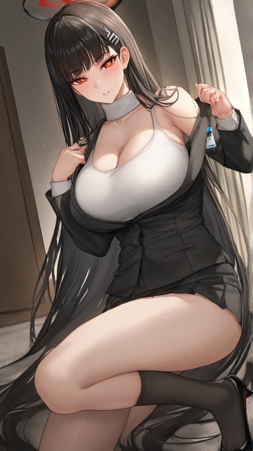 (front view detailed body, long belly , Slender body, tight body , thicc, large breast, breast, long thighs, masterpiece, long hair, very long hair, fwbak, mature female, hairclip,hair_between_eyes, very_long_hair, cowboy shot, front shot, looking at viewer, Shirt, white shirt, crop shirt, dolphin short, pantyhose, black pantyhose, standing, collarbone, city, night, outdoors, Beautiful Finger,Beautiful long legs,Beautiful body,Beautiful Nose,Beautiful character design, perfect eyes, perfect face,expressive eyes, looking at viewer,(Full_body),(Focus on her face), official art,extremely detailed CG unity 8k wallpaper, perfect lighting,Colorful, Bright_Front_face_Lighting,shiny skin, (masterpiece:1.0),(best_quality:1.0), ultra high res,4K,ultra-detailed, photography, 8K, HDR, highres, absurdres:1.2, Kodak portra 400, film grain, blurry background, bokeh:1.2, lens flare, (vibrant_color:1.2) (Beautiful,large_Breasts:1.4), (beautiful_face:1.5),(narrow_waist), facing the viewer