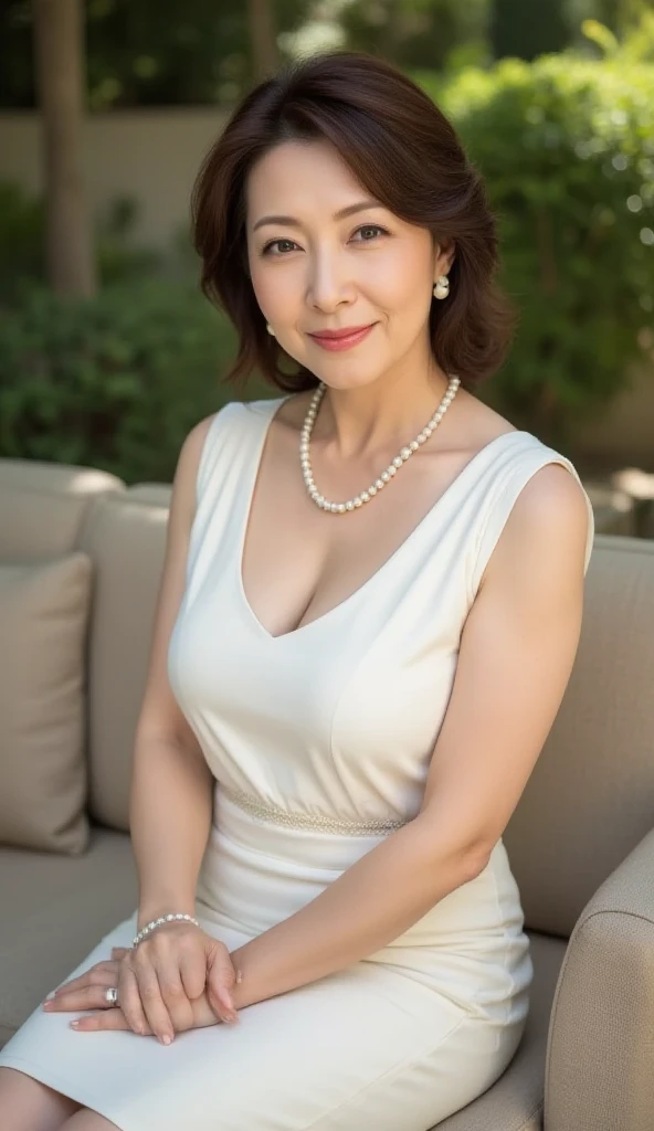 最high quality, In 8K, Masseter region, real, Sharp focus, high quality, High resolution, Detailed face, Fine grain, Thick lips, Background Blur, alone, Full body photography, Middle-aged women, , 65 years old, , Wavy Hair, Cleavage, Wearing a plain short-sleeved knit, Sitting on a park bench, Wrinkles around the eyes, Smiling with teeth showing