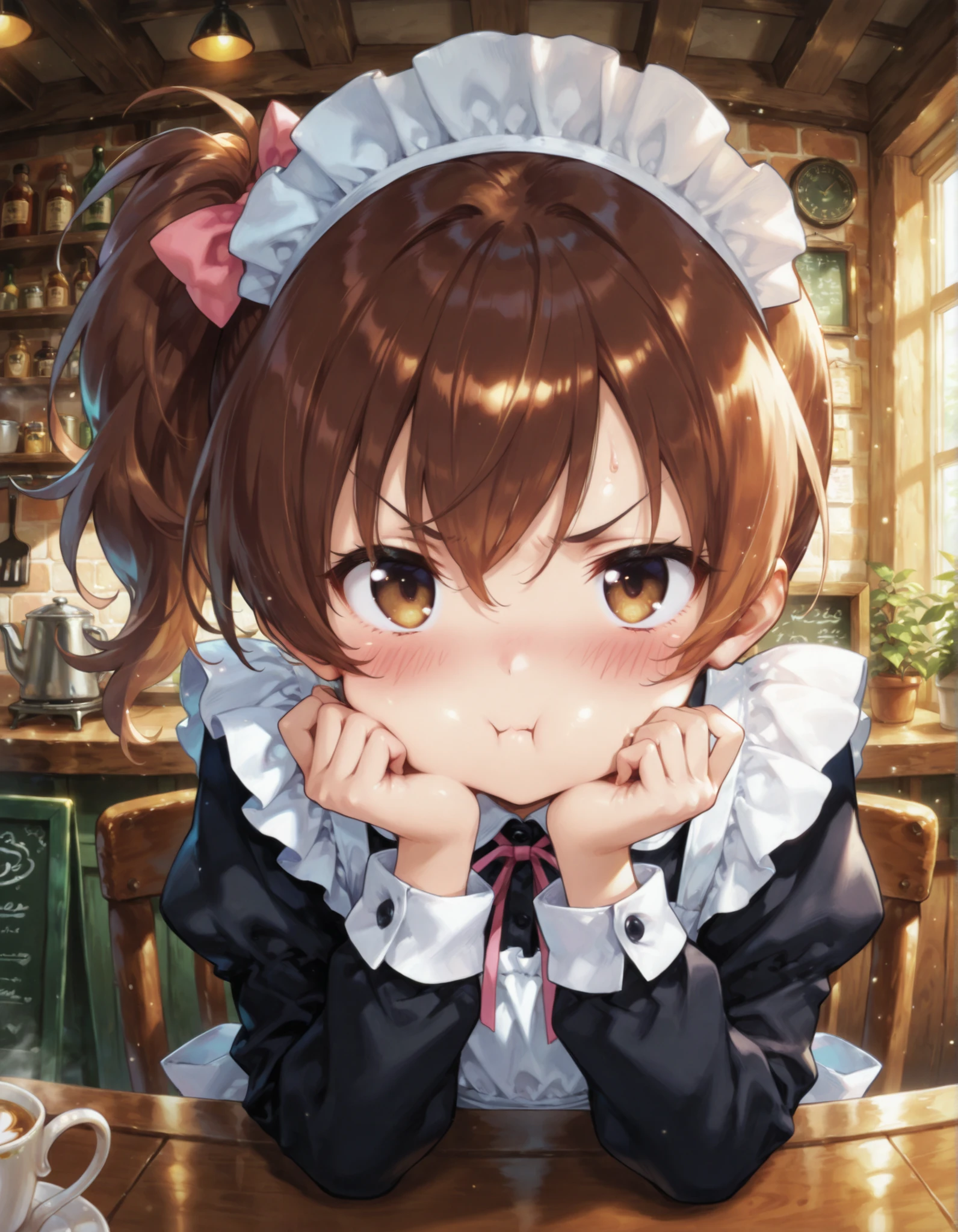 "ultra-detailed, best quality, beautiful eyes, extremely detailed, best quality, beautiful, Master piece, highres, best quality, official art, highres, masterpiece, newest",, "solo, 1girl, nanashiraishi, brown hair, brown eyes, pout, blush, side ponytail, hair bow, angry",,"maid outfit, BREAK maid cafe, indoors, looking at viewer, working",, "masterpiece, best quality, amazing quality, very aesthetic, absurdres, detailed background, detailed foreground, detailed eyes, detailed clothing, detailed hair, detailed shading",