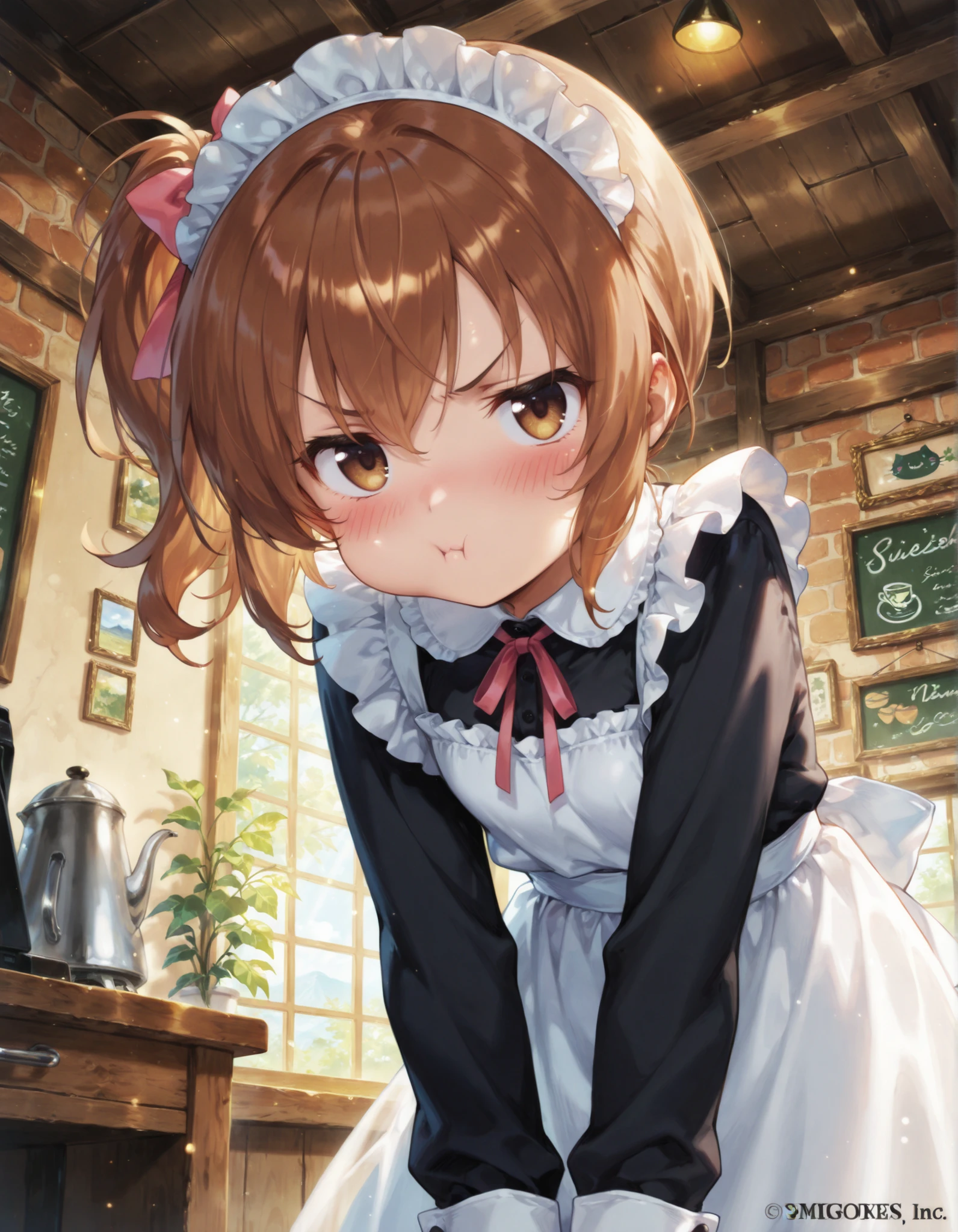 "ultra-detailed, best quality, beautiful eyes, extremely detailed, best quality, beautiful, Master piece, highres, best quality, official art, highres, masterpiece, newest",, "solo, 1girl, nanashiraishi, brown hair, brown eyes, pout, blush, side ponytail, hair bow, angry",,"maid outfit, BREAK maid cafe, indoors, looking at viewer, working",, "masterpiece, best quality, amazing quality, very aesthetic, absurdres, detailed background, detailed foreground, detailed eyes, detailed clothing, detailed hair, detailed shading",