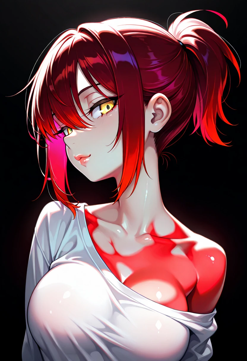 hews art style, score_9, score_8_up, score_7_up, 1girl, makima, chainsaw_man,devil eyes, nurse uniform, nurse cap, oiled gloves, indoor, looking down, seductive expression, cleavage, condom in mouth, adjusting glove, upper body, narrow waist, dutch angle,