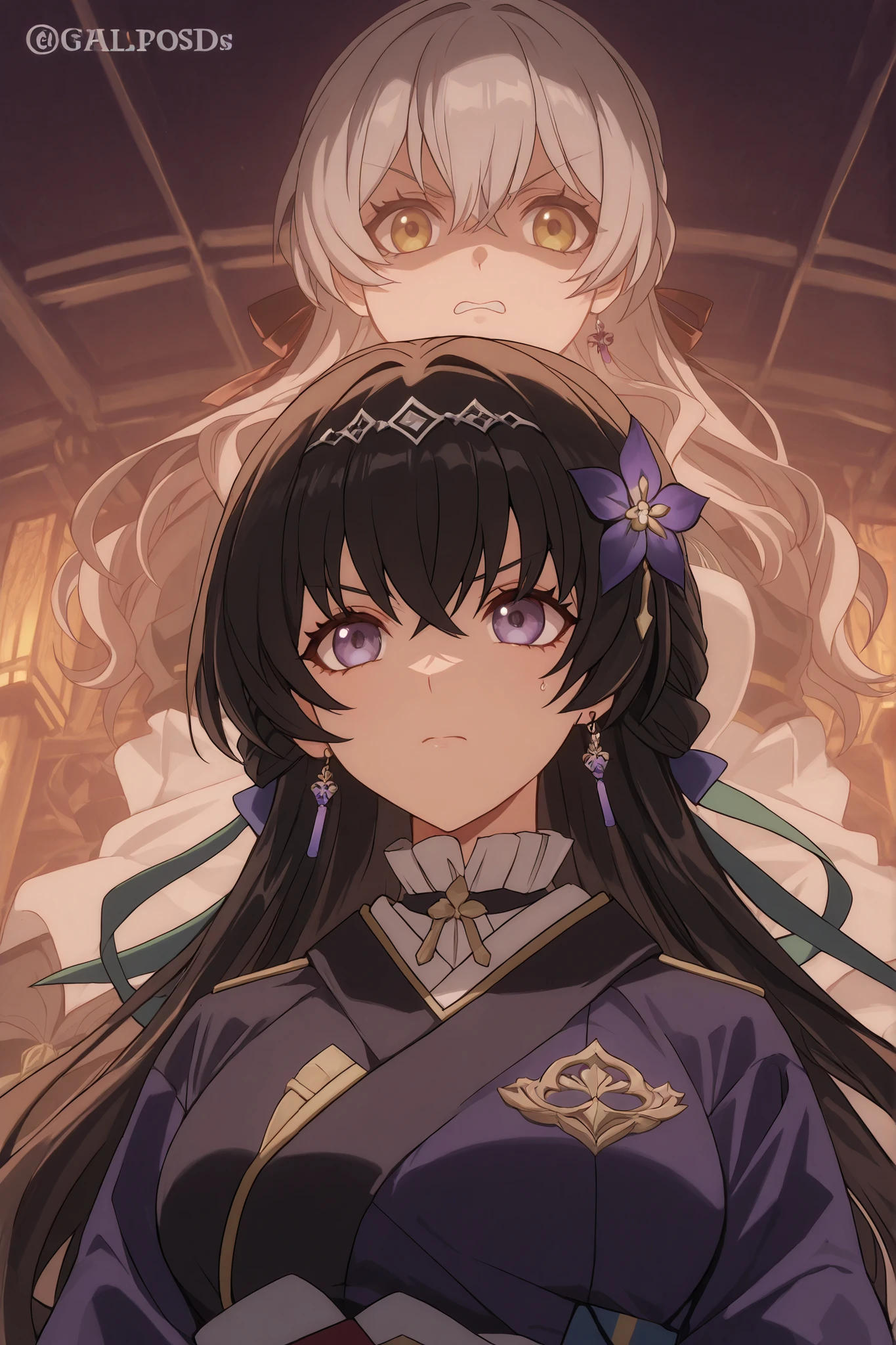 Garota, long black hair white highlights, olhos verde, Accessory, detailed luxury kimono uniform, Tiara ribbon flower on the head, Japanese earring, Accessorys japonês, Expression would be angry, inspired by Honkai Star Rail