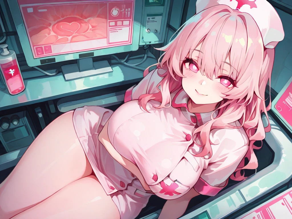 NSFW,masterpiece,Highest quality,High resolution,Super detailed,Shirakami Fubuki\(Hololive\),Gray Hair、One-sided braid、Ahoge、Earrings,Fox ears,Fox tail,Small breasts,nurse,Pink Nurse Uniform,Nurse cap,Stethoscope,Embarrassed,blush,Expecting face,Feeling face,(Ecstasy face),Sexy look,Hospital at night,Examination room,desk,pc,Chair,(Seduce),Cleavage,examine,Chairに座っている,Leg spread,Rub your own breasts,(Masturbation),(Squirting),From before