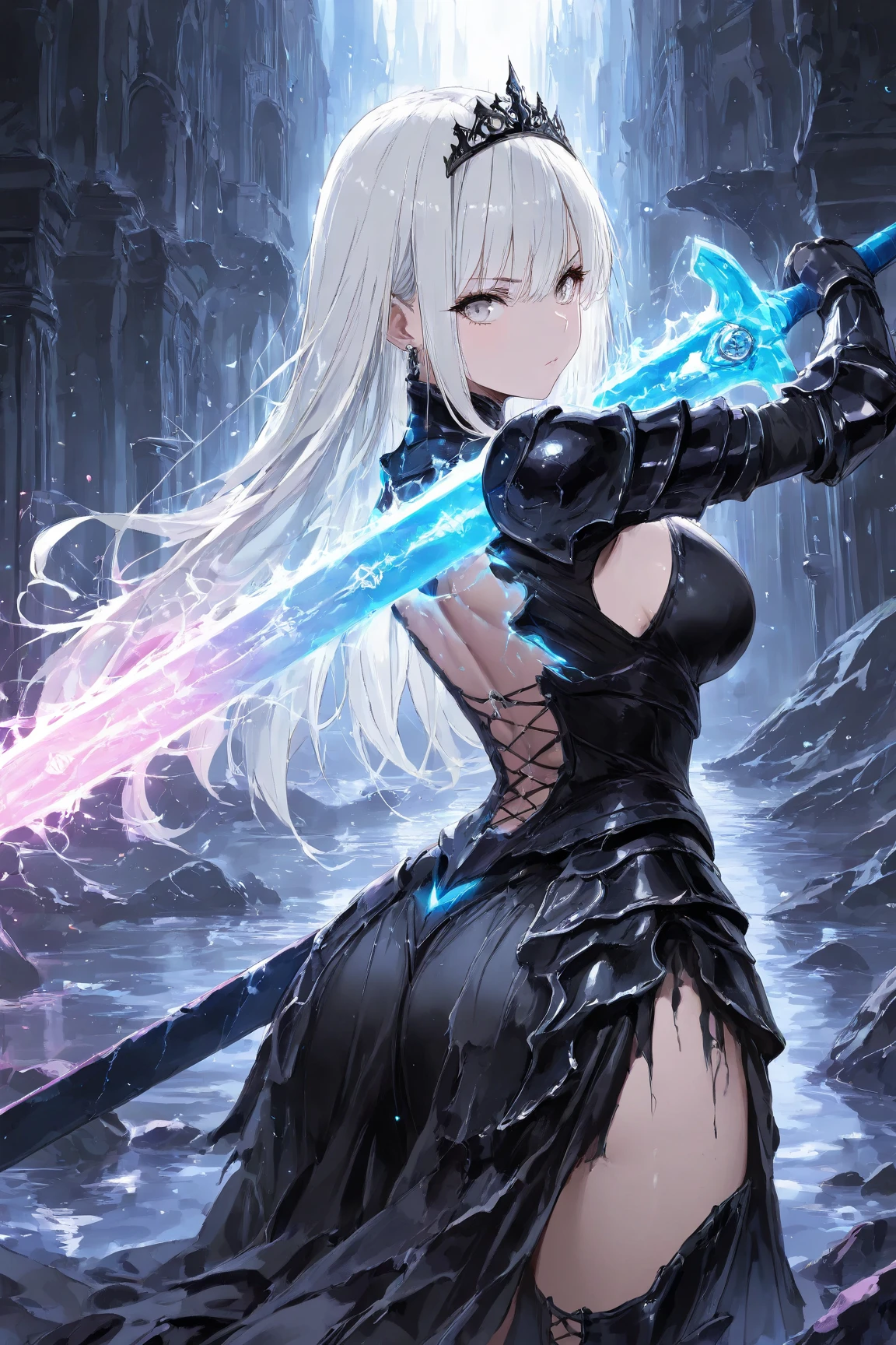A mystical warrior woman with silver hair, glistening green eyes, and black leather, one hand holds a glowing orb and the other a glistening silver long sword,