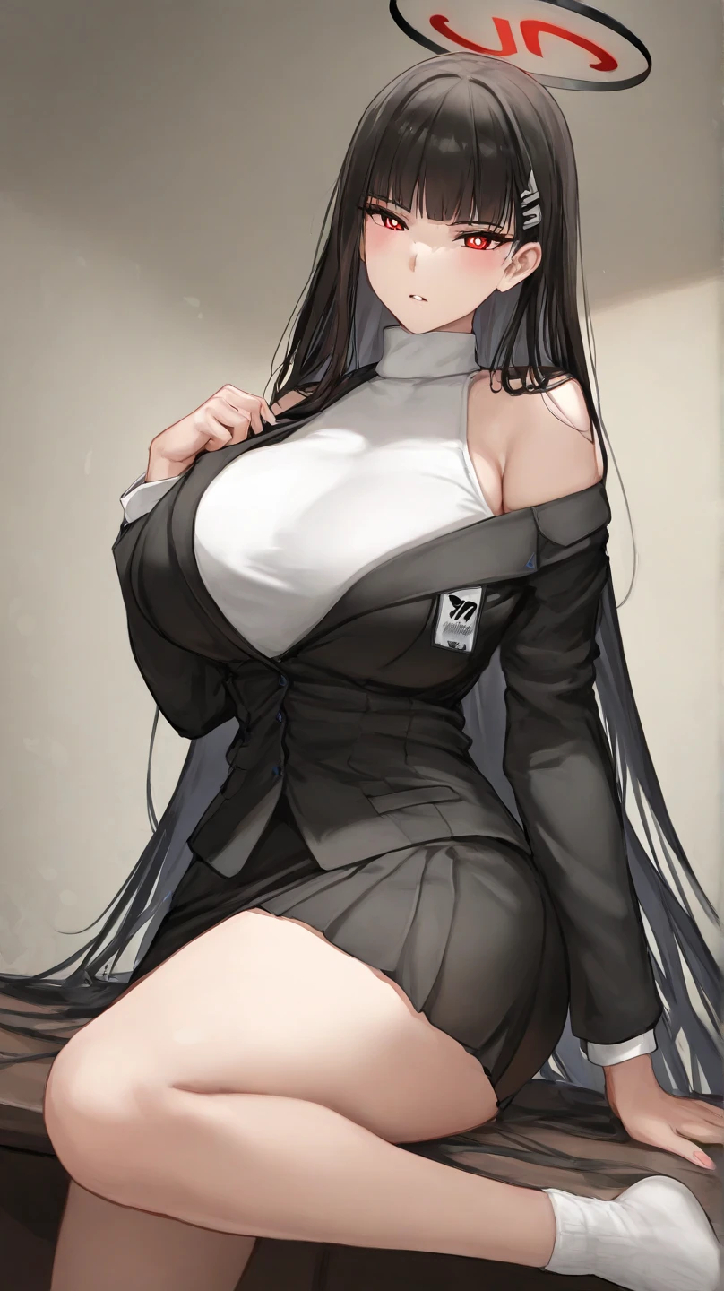 <lora:linyin:1>,1girl, holster, skirt, thigh_holster, pantyhose, halo, breasts, red_eyes, long_hair, solo, black_hair, large_breasts, very_long_hair, turtleneck, jacket, pleated_skirt, hand_on_hip, black_pantyhose, tablet_pc, black_jacket, looking_at_viewer, holstered_weapon, hair_ornament, black_skirt, miniskirt, hairclip, id_card, simple_background, thigh_strap, bangs, parted_lips, long_sleeves, thigh_pouch, turtleneck_sweater, suit, black_suit, formal, cowboy_shot, bright_pupils, white_shirt, shirt, grey_background