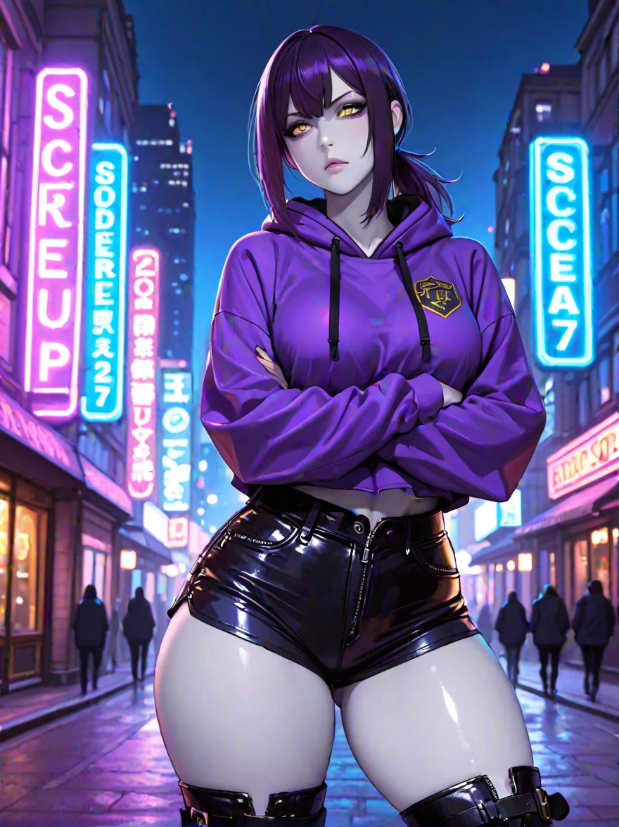 top-quality、Top image quality、masterpiece、girl with((18year old、Best Bust、big bast,Beautiful purple eyes、Breasts wide open, Purple ponytail、A slender、Large valleys、Purple Sports Bra、Black jacket,Purple shorts,Red high heels、Reflecting the whole body、Purple Necklace、Red face、Slippery texture、Headphones on the head,Holding your phone in your hand、Flying Attack Drone、posterior view、Anxious face))hiquality、Beautiful Art、Background with((A city that shines at night)))、,masutepiece、visualart、depth of fields、