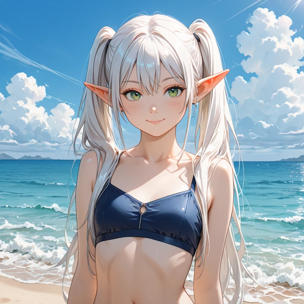 Frieren, twintails, earrings, Bikini, white hair,