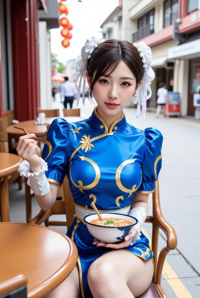 (1 woman、Japanese、20-year-old、Refreshing、clear、seems kind、stylish、attractive narrow eyes、Pitiful、天使のようにcute、cute、black eyes、Idol,actress,big breasts),(big sagging breasts),(big breasts:1.4).(very cute)、(black hair),enchanting eyes、(In 8K、Live shooting、highest quality、masterpiece:1.2、optimal lighting)、(Chun-Li's hairstyle:1.4),(masterpiece),(Gravure photography)(Photo taken by a professional photographer),(soft light),(real、フォトreal:1.37),break,{Idol costumes, cute hair ornaments, earrings,(dress with a significant side slit)、(blue theme:1.4), (cheongsam top:1.2), sleeveless, frills, zettai ryouiki, stockings tights, , lace,red accent color,chinese style embroidery}, (portrait),,close up of face,smile,(Hot Chinese soup on a tray)