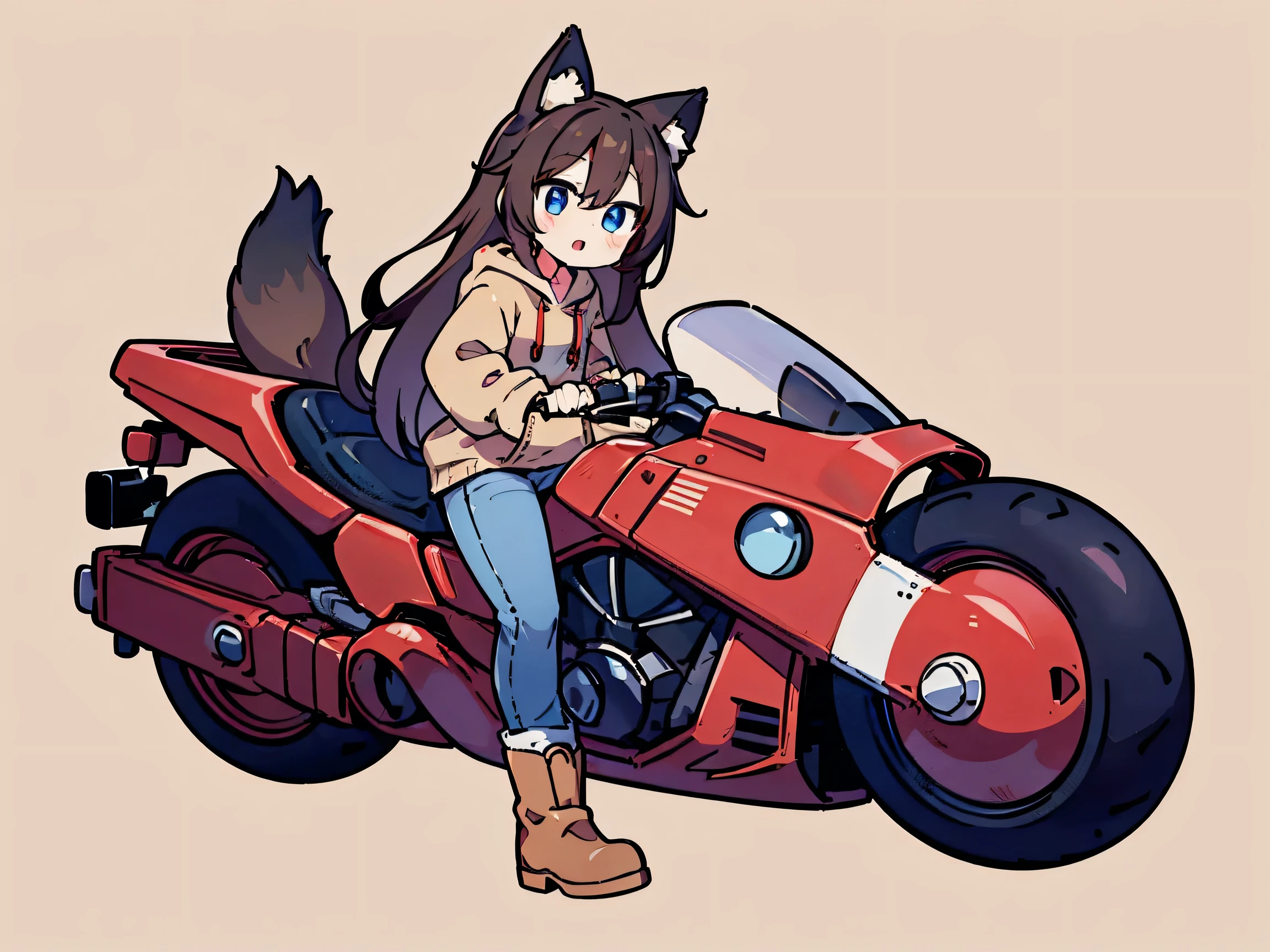 anime style、 cute face、 female、 fox ears、、 caramel brown hair、tail、long hair、 beige hoodie、jeans 、boots、blue eyes、 red motorcycle