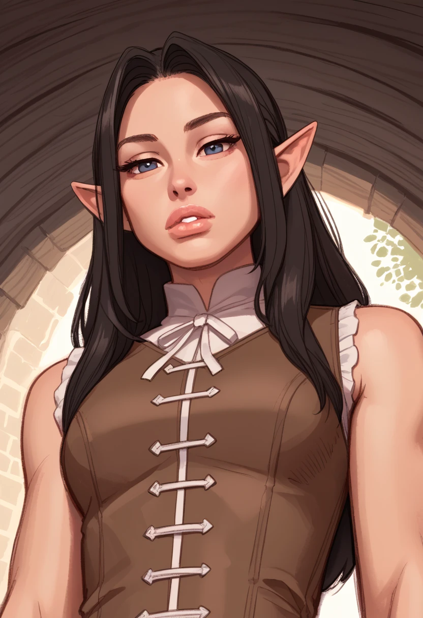 Extremely tall and curvy athletic European woman, Beautiful and beautiful (brown eyes and brown hair )with small breasts and wide hips in a black top and jeans that amplify her curves, elf ears