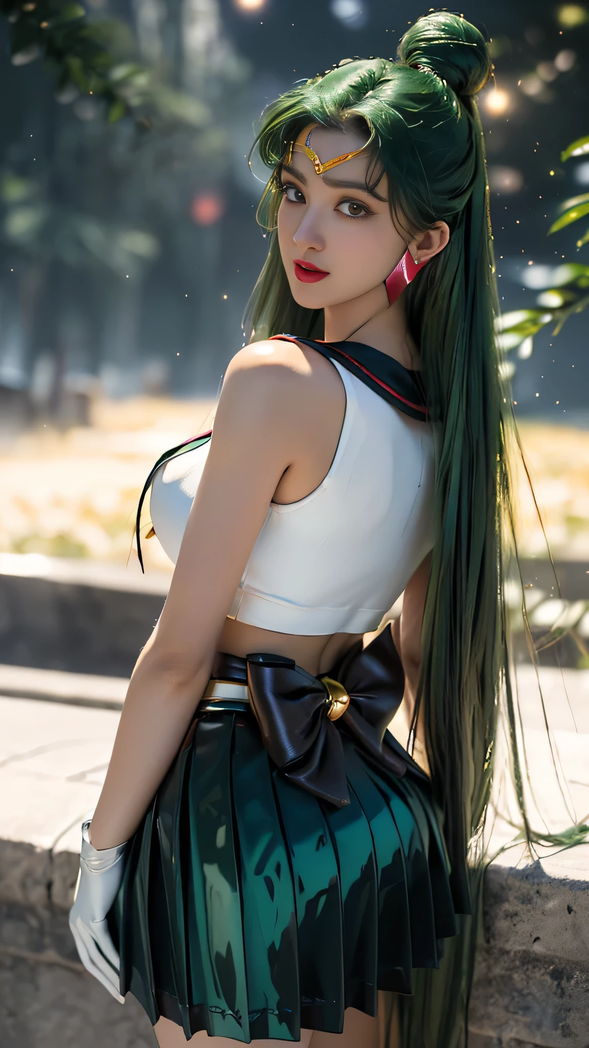 Ful:1., ((shy smiling flirting),((( hands behind head)) 、De baixo、((battle stance))、SEXY Model Dynamic Pose、dynamic nail、propriedade_Uma equipe,((pele escura:1.5)),(maternal,housewife,1 female,)、40 anos、obra prima、..3d、realisitic、Ultra Micro Photography、superior quality bathtub、Ultra detailed CG unity 8k wallpapers、(sailor pluto,Single Pan Hair Tiara Uniform Sailor Senshie Gloves Skirt),((Sailor Pluto uniform,SetsunaMeiou, Luxurious golden tiara on the forehead:1.4、Mini black pleated metallic skirt:1.2、Huge dark brown bow on the chest:1.3、Black gloves on the elbows:1.1、Large black collar、Red brooch,Luxury Gold Decoration,Key Chase Accessories at the waist))、intricate details、((single ponytail,Incredibly long very long green hair:1.hiny beautiful straight long very long green hair:1.2)),(red-eyed,cabelo_bom, Meishaonv)、(Uniforme Sailor Senshi、bare arms:1.2、Mangas,Long white latex gloves with luxurious golden decoration:1.3、very large dark brown bow behind the waist:1.1、 Sexy and boldly large neckline、Gold ring shaped earrings,Knee-length long boots in glossy black with luxurious gold décor), (Hmjupiter,horse-tail, Tiarra, jewelries, Uniforme Sailor Senshi, Gargantilha, Elbow Woods, ),I have a giant key wand,(Slim Fitted High Gloss Silver-White Holographic Leather:1.3,Silver and sexy white gravette high-leg swim dress)、 ((very pretty face、Face Details:1.5、Beautiful expression of glowing red eyes、Olhos belos、glowing eyes trees、thin lips:1.3、thin, sharp, pale eyebrows,、long dark eyelashes、Double eyelashes))、Luxurious huge white winguscular muscles:1.2、 muscular abs:1.2、、huge breasts 、big woman,alto,Perfect tall and glamorous proportions、thick thighs,big ass,Visible Pore、perfect hand:1.5、highly dramatic picture、Strong natural light、perfect sunlight and shadow、Lightning space background galaxy, ((standing )) ,((( looking back over shoulder))), from below
