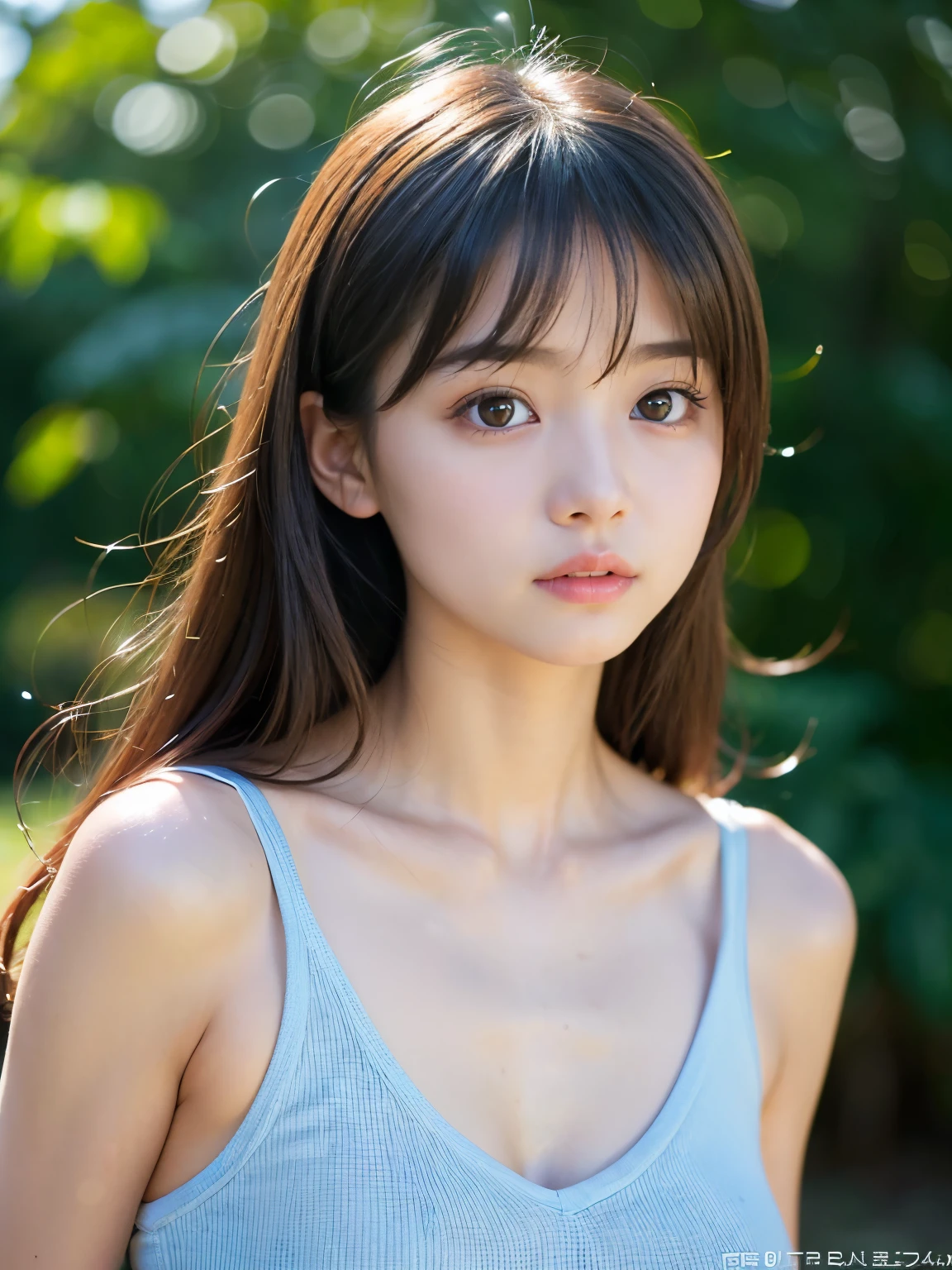 neat, petite, (long white silk camisole, white panties), outside the athletic field, (slim, small, flat), photorealistic, detail, skin texture, ultra detail, delicate and sexy collarbone, super detailed face, detailed lips, detailed eyes, double eyelids, 14 year old girl, sexual expression, wet body,