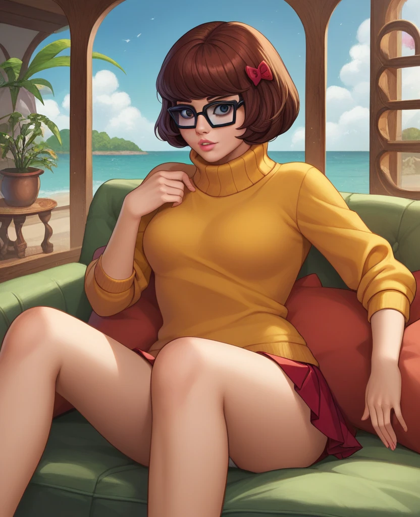 obra-prima,melhor qualidade, altamente detalhado, score_9, score_8_acima, score_7_acima, score_6_acima,fonte anime,
 velma,1 menina, copos, Sozinho, seios, cabelo castanho, gola alta,  sweater , olhos castanhos, Cabelo curto, sardas, large seios, lips, sorrir, acimaper body,  franja, parted lips,
Showing the panties
Fat lips
Seducing by squeezing the beak of the chest with fingers
Tightening breasts 
Velma Gostosa
Pussy 
Big lips