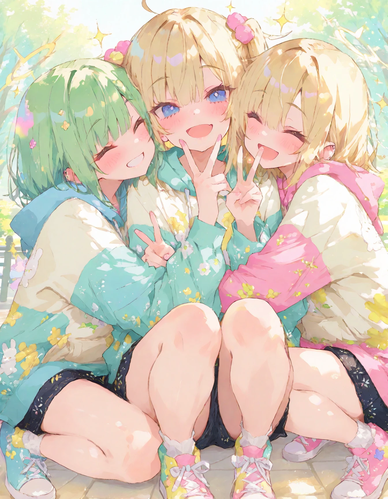 Cute girls lying down with their heads in the center in anime quality, 5Idol, Sleeping in a circle, Radial, Jacket illustration, arious pose, Kyoto Animation,