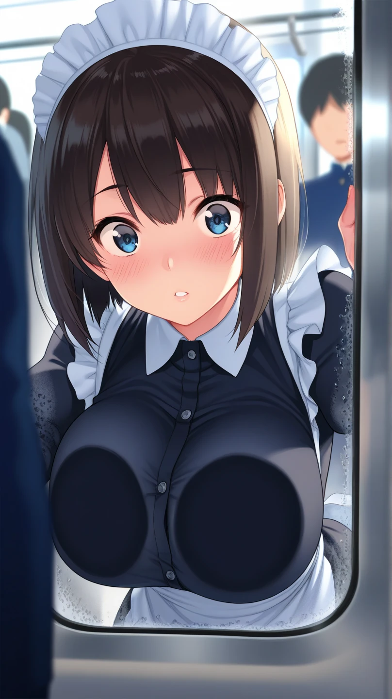 {Highest quality}. {so beautiful}. {Super detailed}, {Best illustrations}, Browsing Caution、((Disgusted face))、((Maid clothes))、Big penis、Titty fuck、Breast massage、Semen、顔にSemenをかけられてよだれを垂らしている女性、((Putting a penis between her boobs))、Small breasts、Baby Face、Glare、semen、shame、short hair、Black Hair、blue eyes、White skin、Focus on the face、Shoot from the front、Public toilet